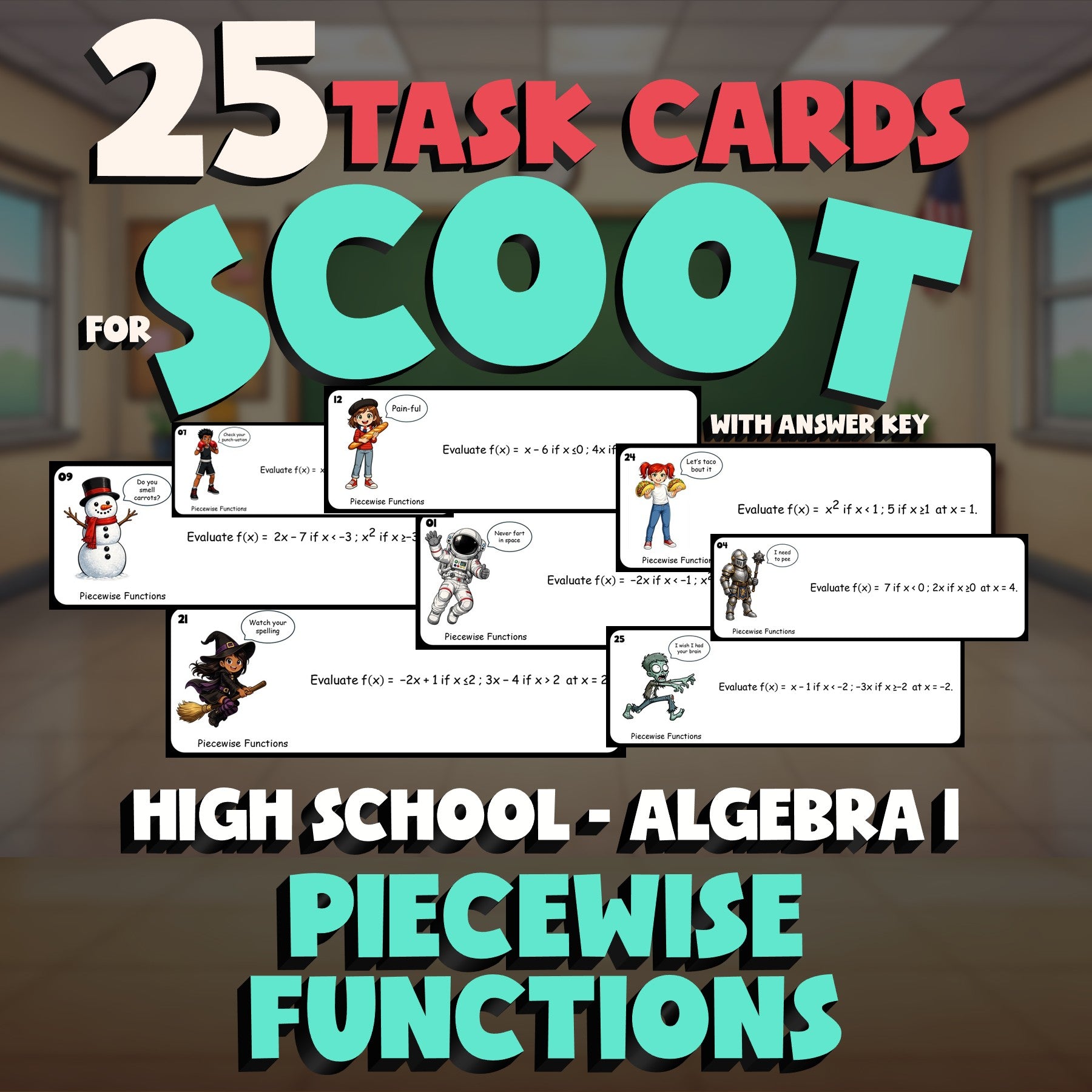 Piecewise Functions SCOOT TASK CARDS Math Game - No Prep Algebra 1 Review