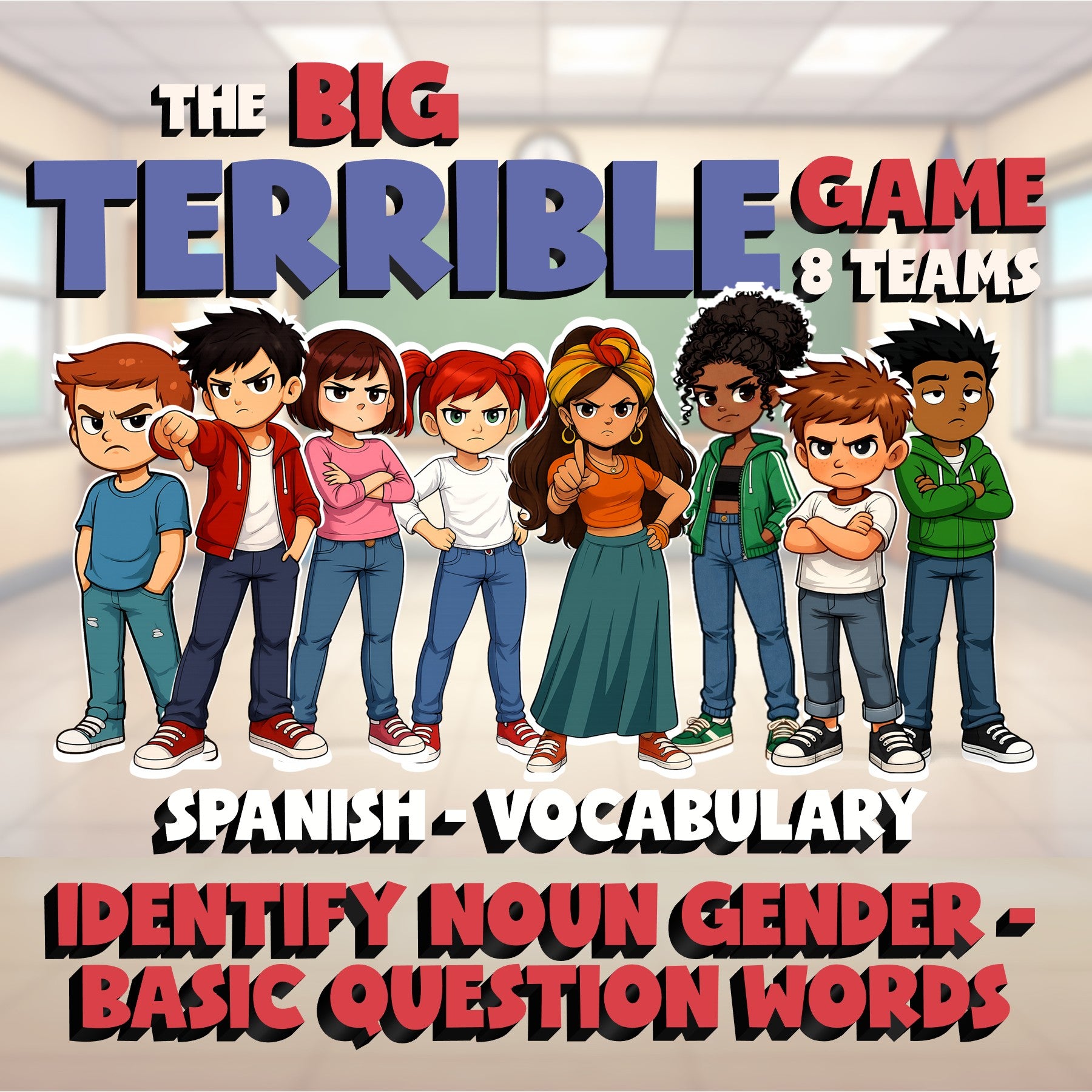 Identify Noun Gender - Basic Question Words BIG TERRIBLE GAME - Spanish Exercise