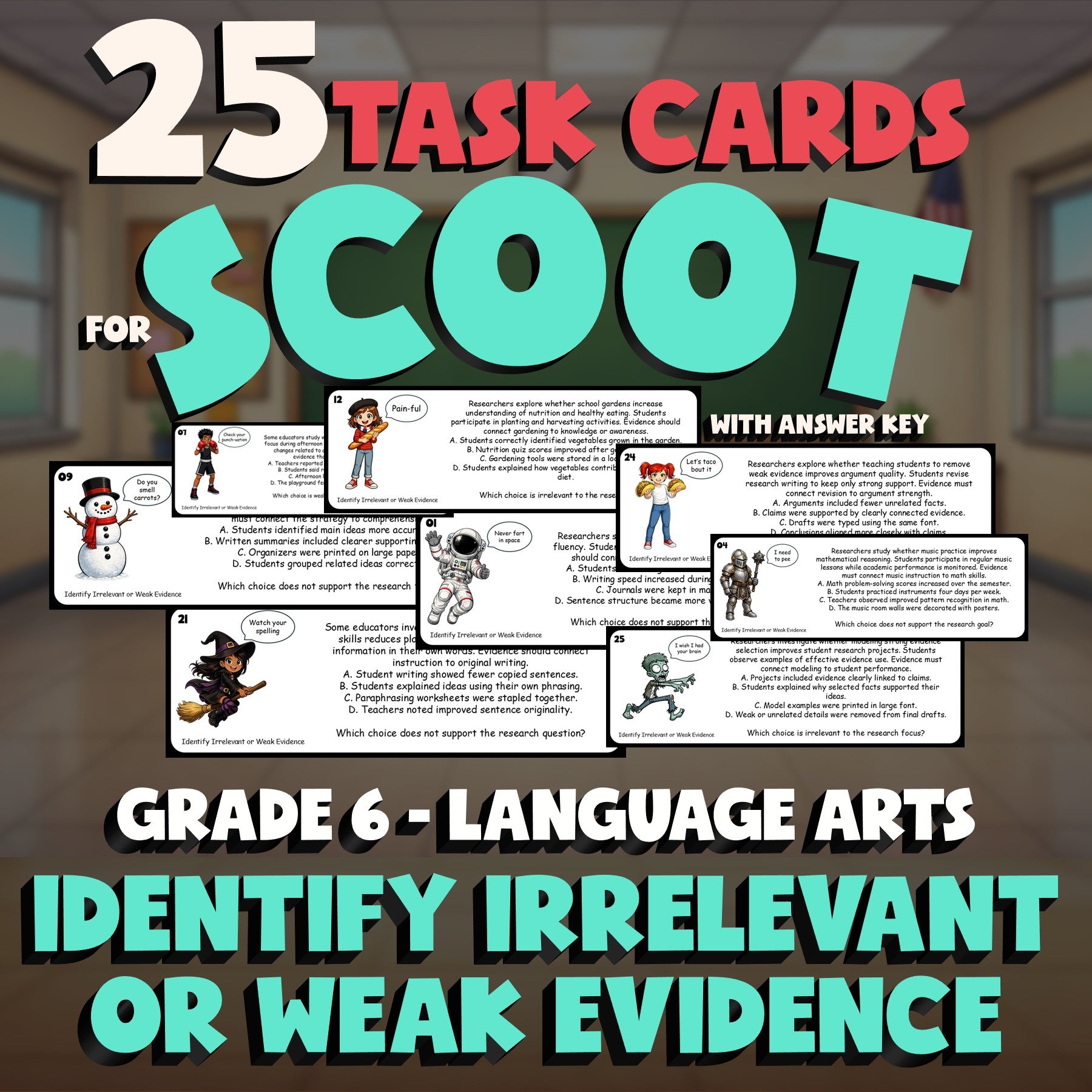 Identify Irrelevant or Weak Evidence SCOOT TASK CARDS ELA Game - No Prep Grade 6