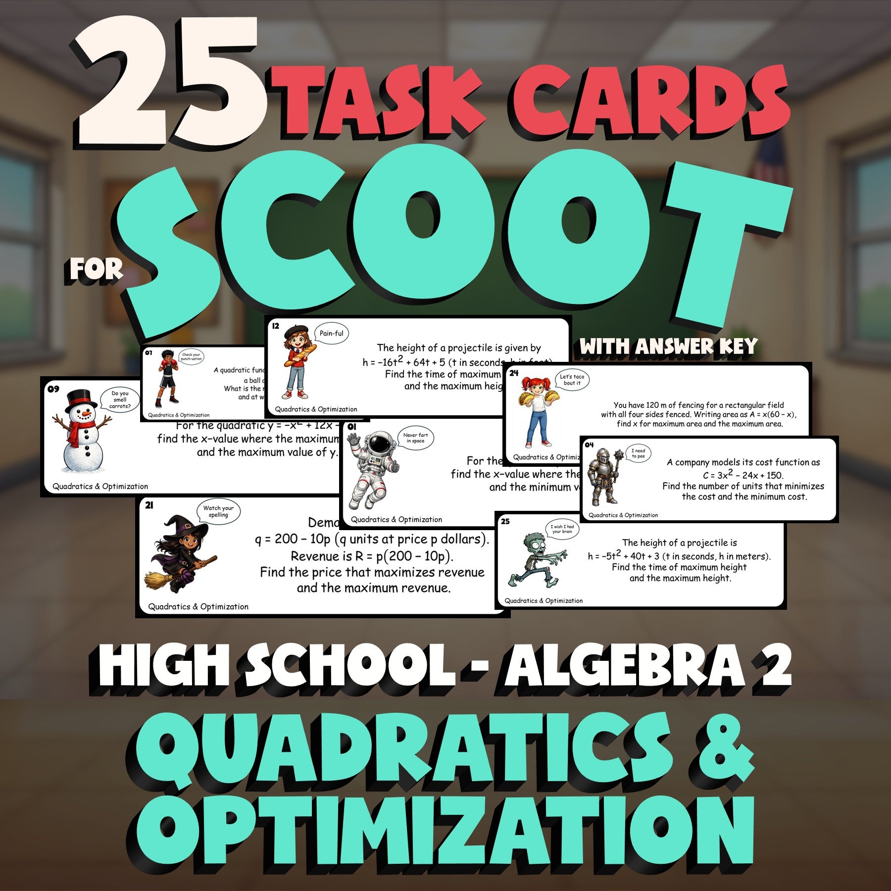 Quadratics & Optimization SCOOT TASK CARDS Math Game - No Prep Algebra 2 Review
