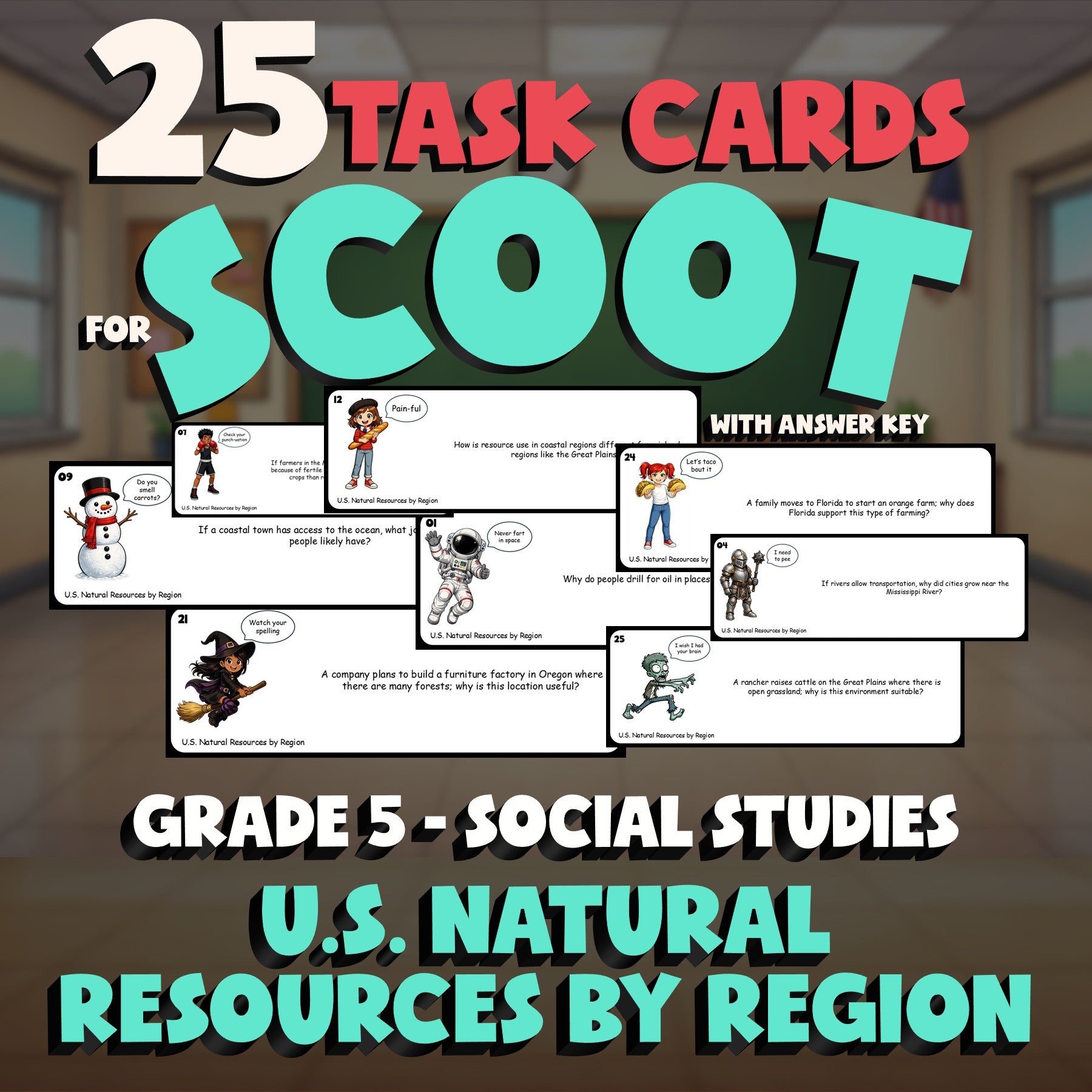 U.S. Natural Resources by Region SCOOT TASK CARDS Socials Game - No Prep Grade 5