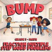 Fraction Multiple Step Word Problems BUMP Math Game - No Prep Grade 5 Review