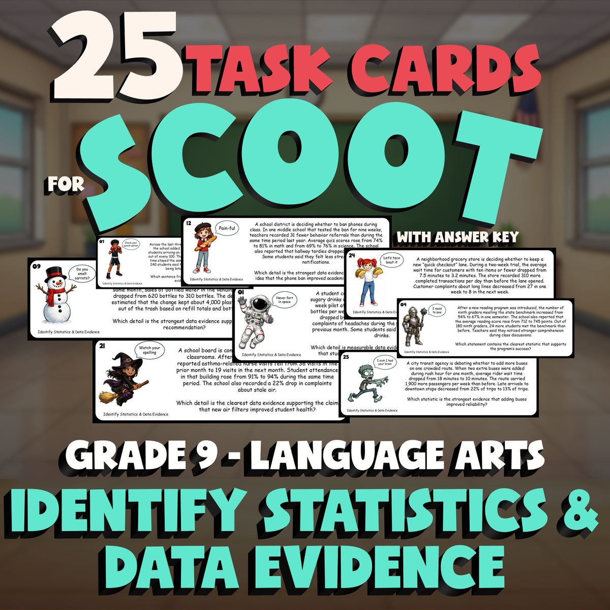 Identify Statistics & Data Evidence SCOOT TASK CARDS ELA Game - No Prep Grade 9