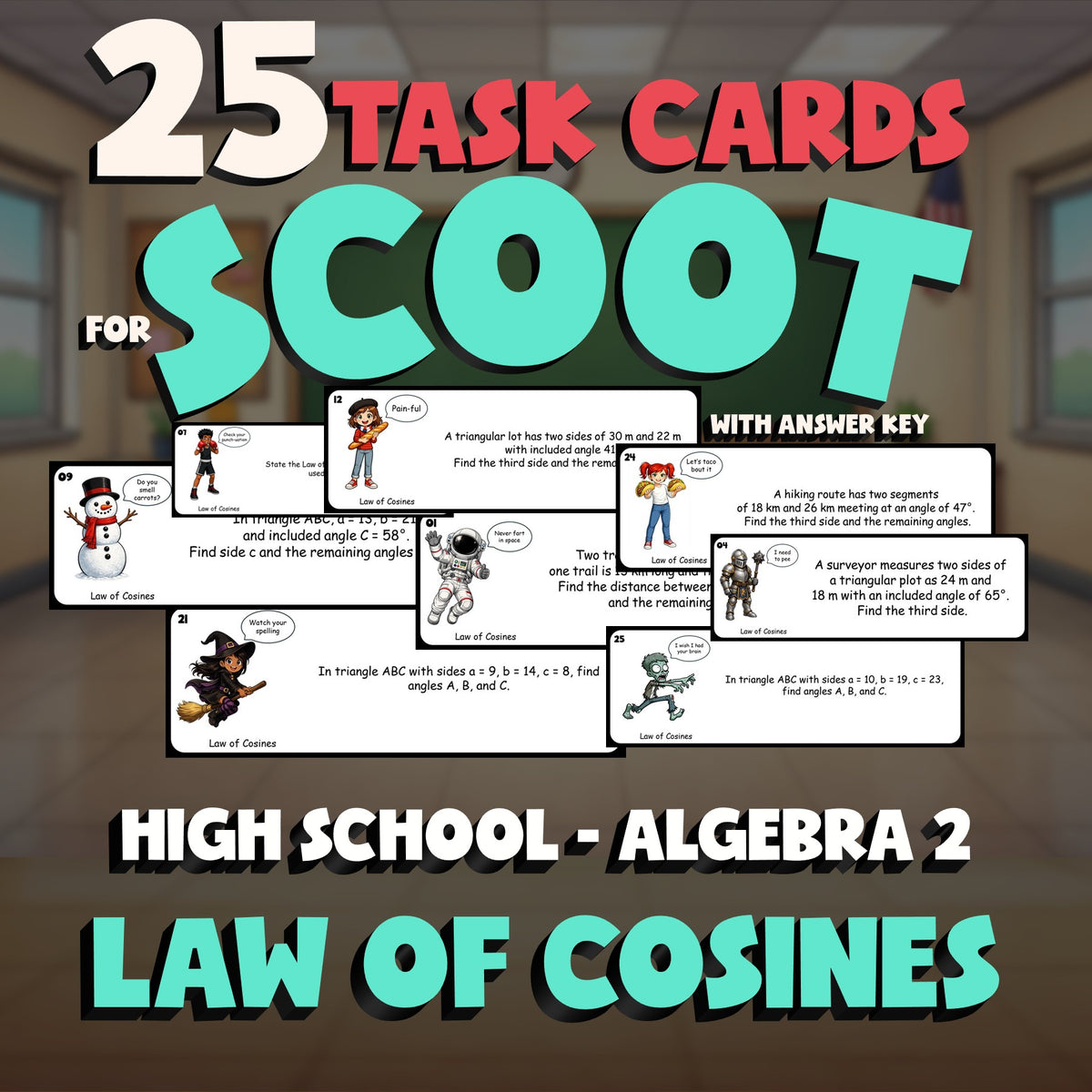 Law of Cosines SCOOT TASK CARDS Math Game - No Prep Algebra 2 Review Activity