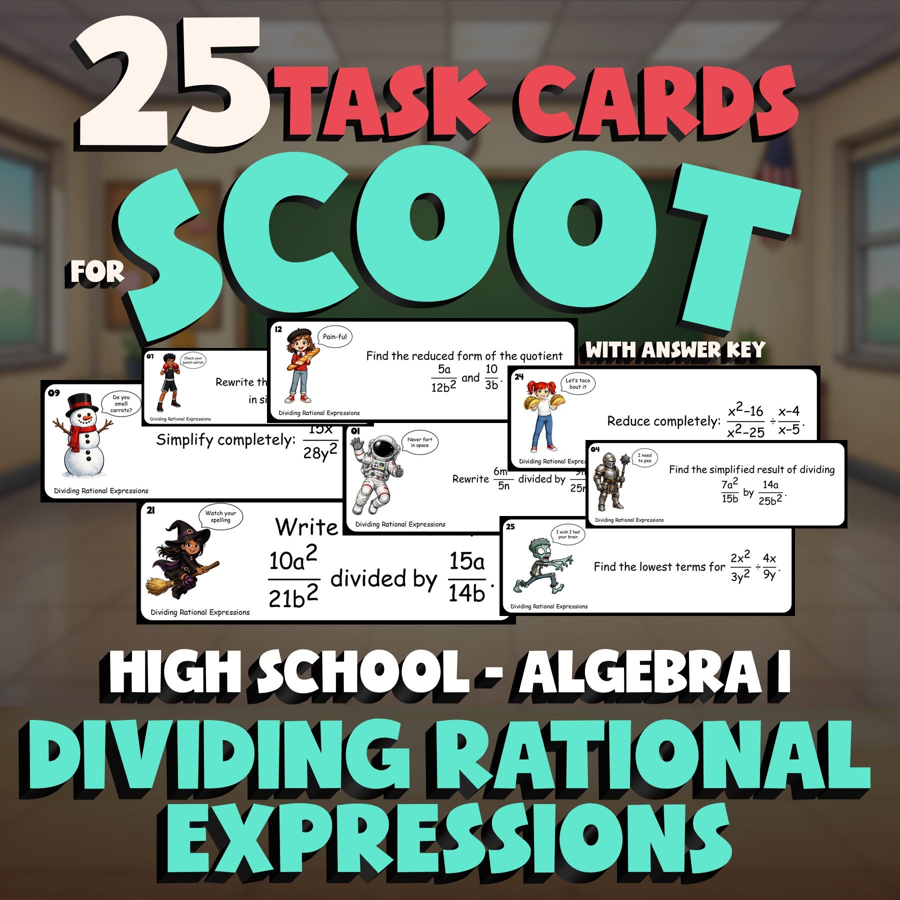 Dividing Rational Expressions SCOOT TASK CARDS Math Game - No Prep Algebra 1