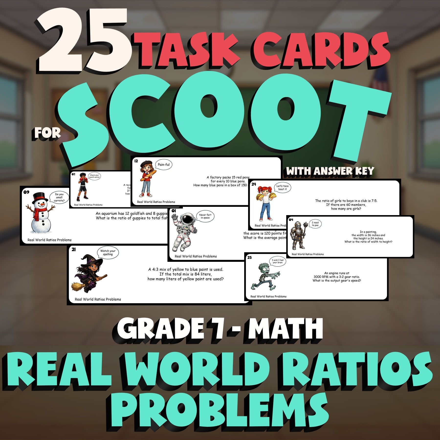 Real World Ratios Problems SCOOT TASK CARDS Math Game - No Prep Grade 7 Review