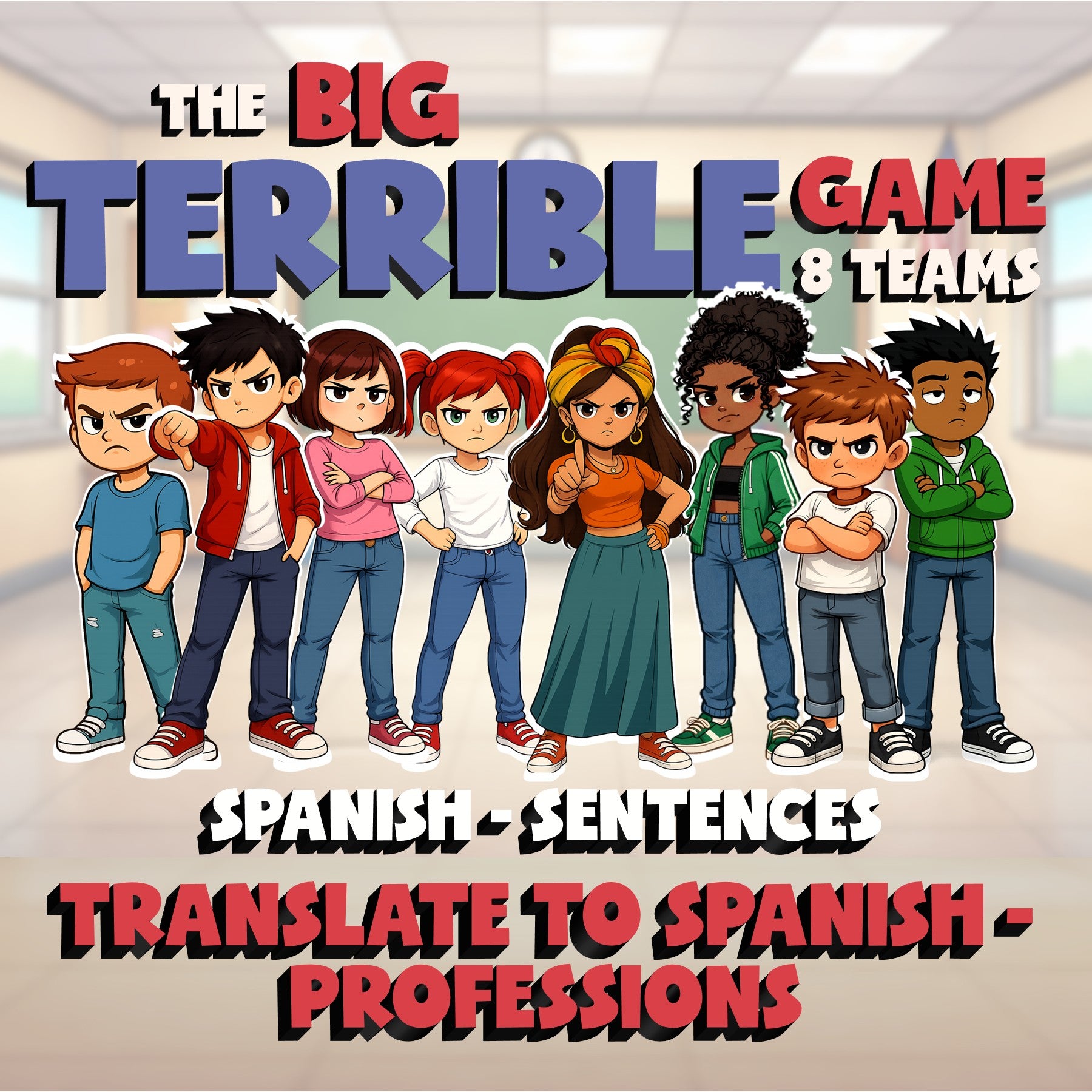Translate to Spanish - Professions BIG TERRIBLE GAME - No Prep Spanish Exercise