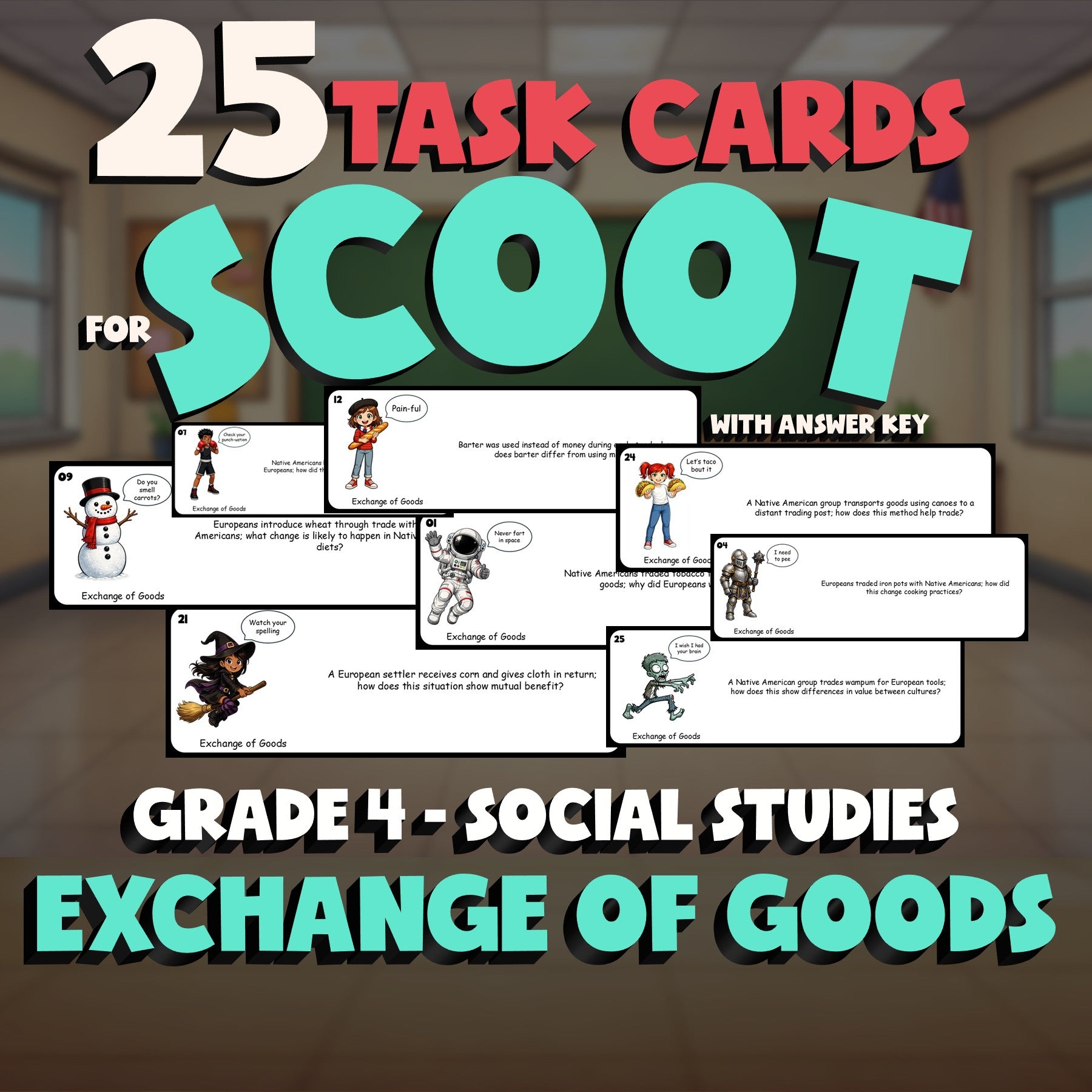 Exchange of Goods SCOOT TASK CARDS Socials Game - No Prep Grade 4 Review
