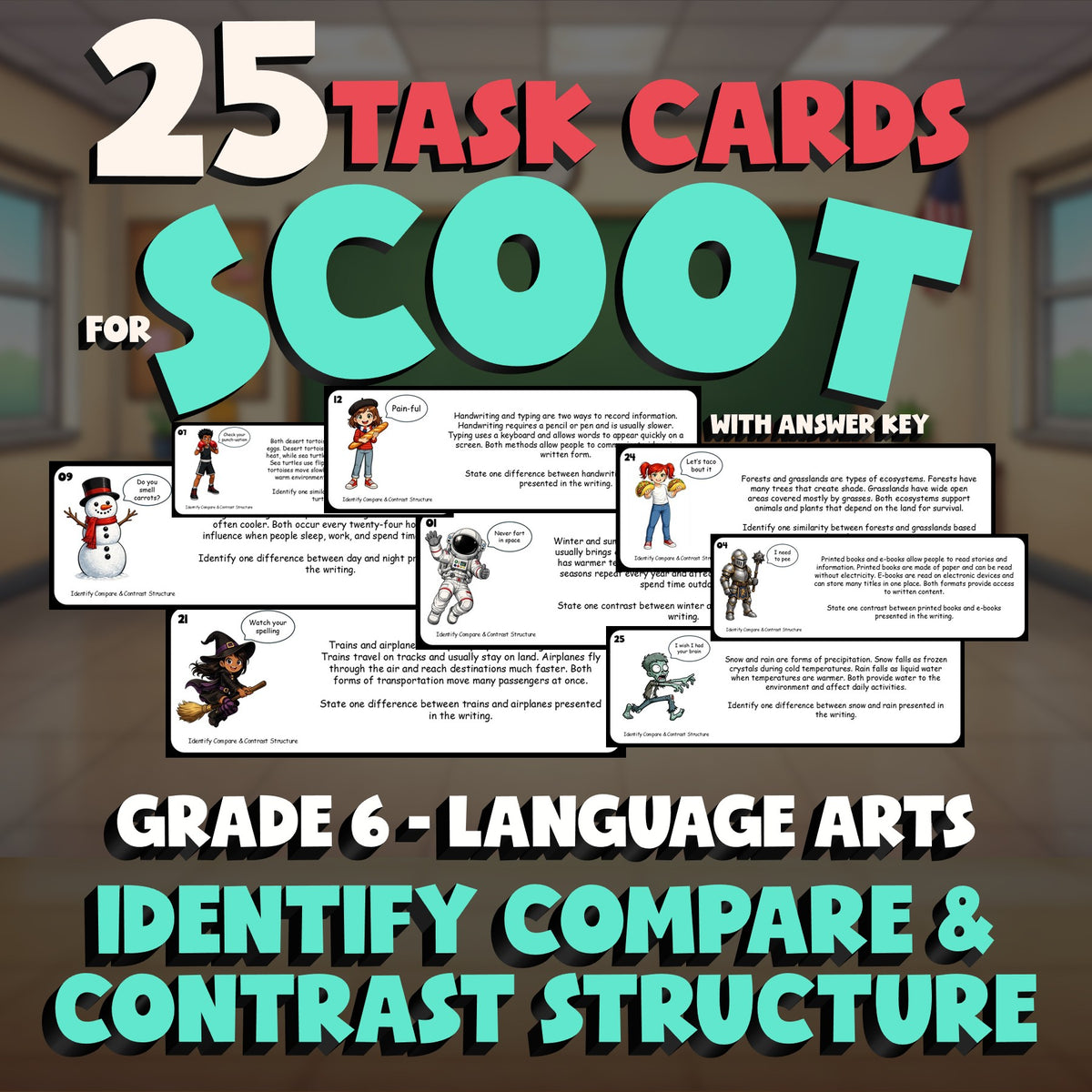 Identify Compare & Contrast Structure SCOOT TASK CARDS ELA Game - Grade 6