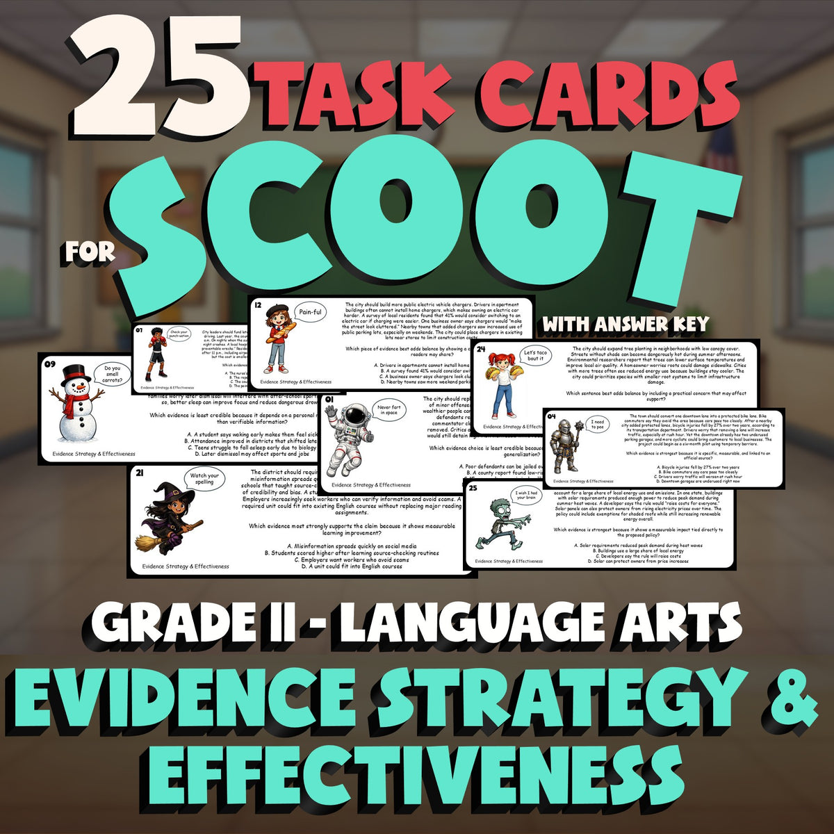 Evidence Strategy & Effectiveness SCOOT TASK CARDS ELA Game - No Prep Grade 11