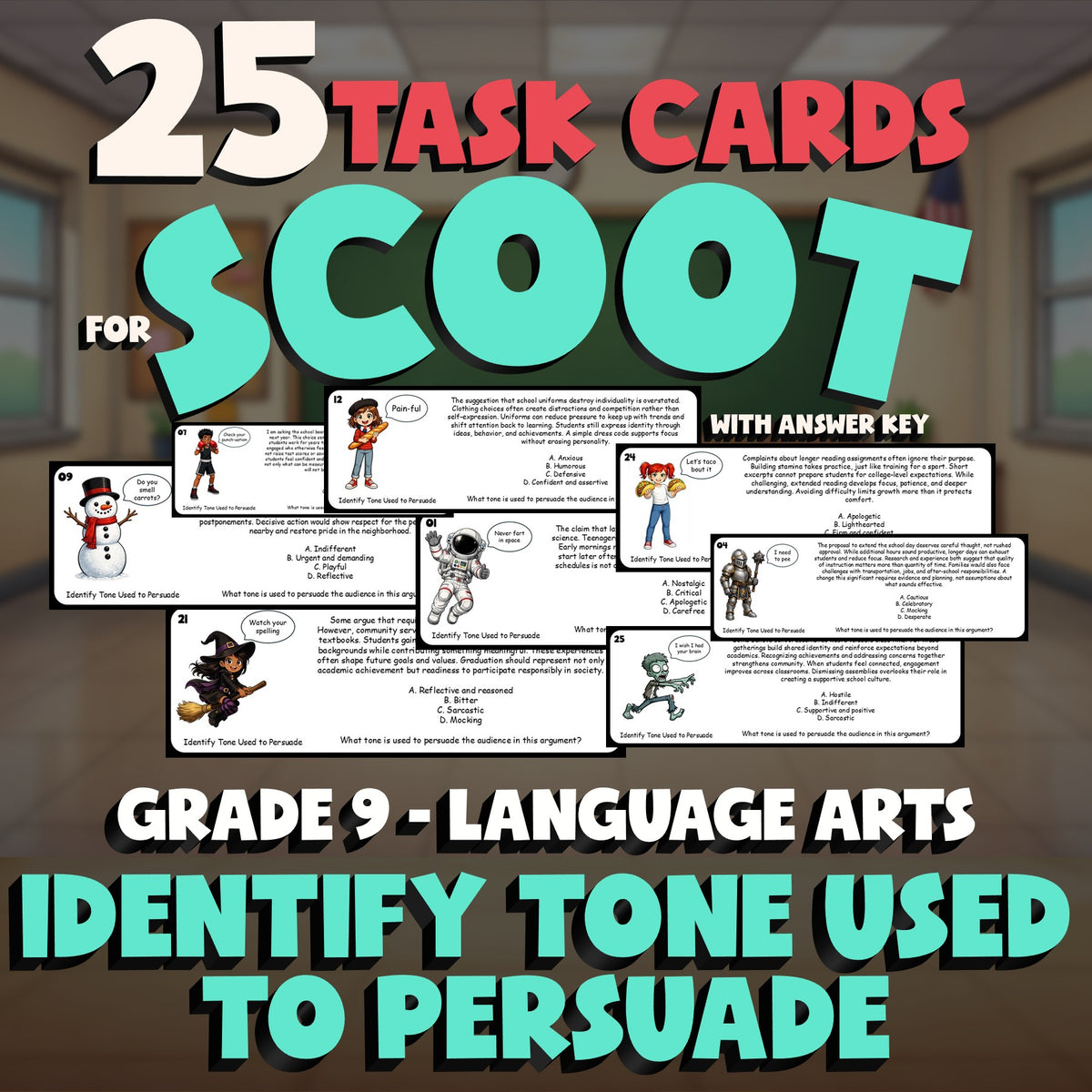 Identify Tone Used to Persuade SCOOT TASK CARDS ELA Game - No Prep Grade 9