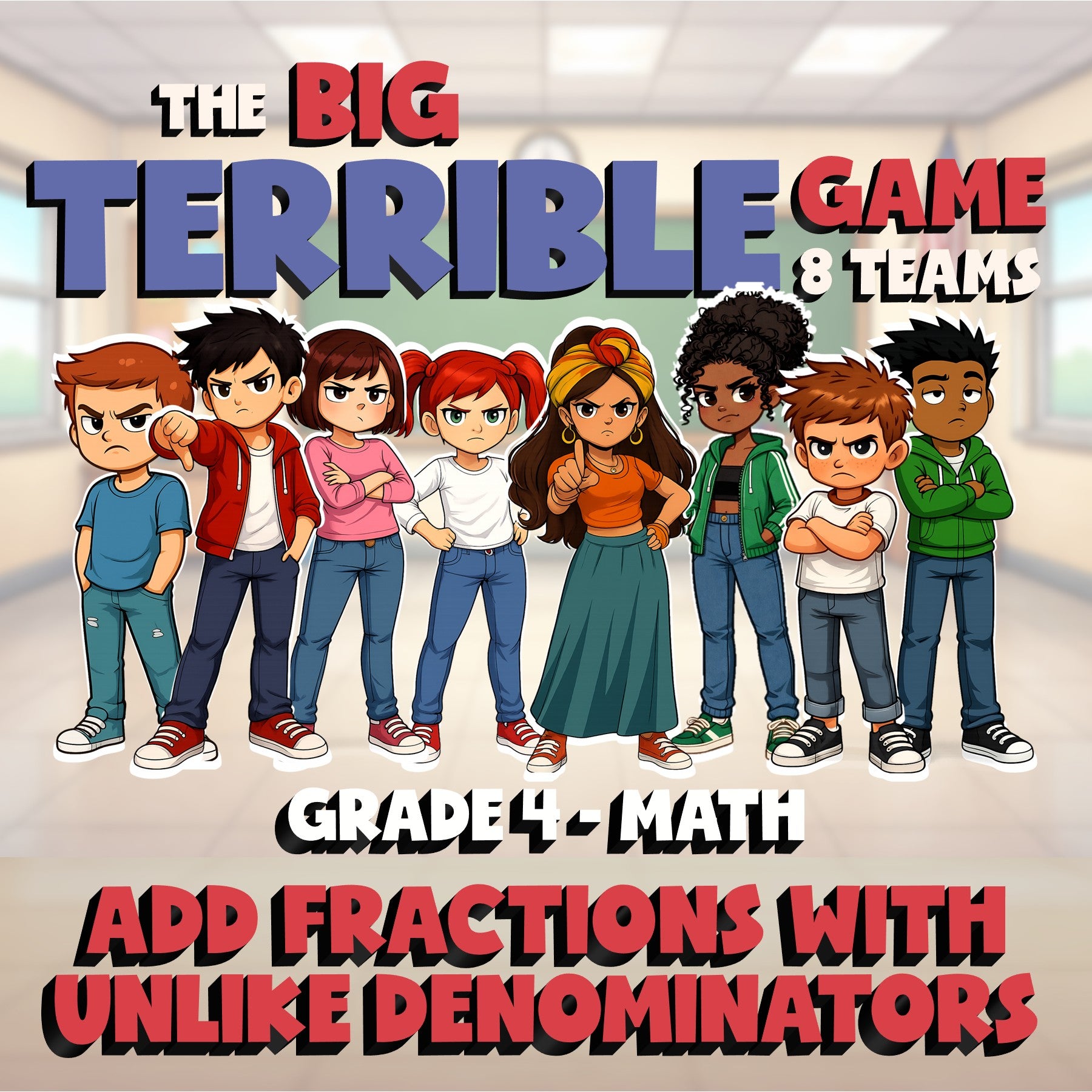 Add Fractions with Unlike Denominators BIG TERRIBLE GAME - Grade 4 Math Review