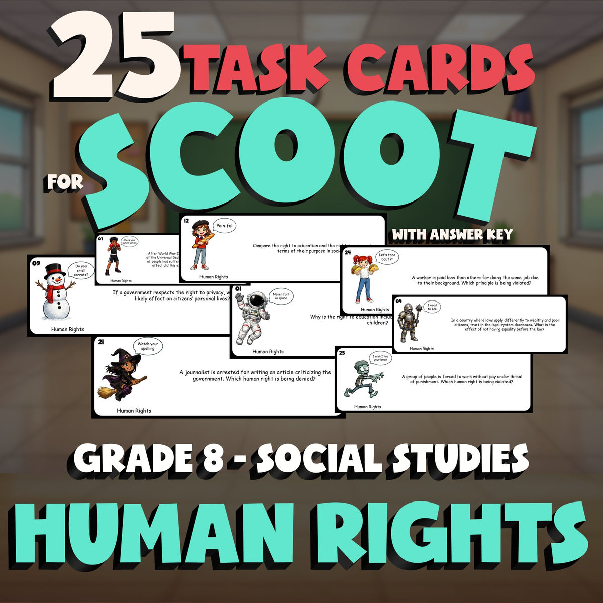 Human Rights SCOOT TASK CARDS Socials Game - No Prep Grade 8 Review Activity