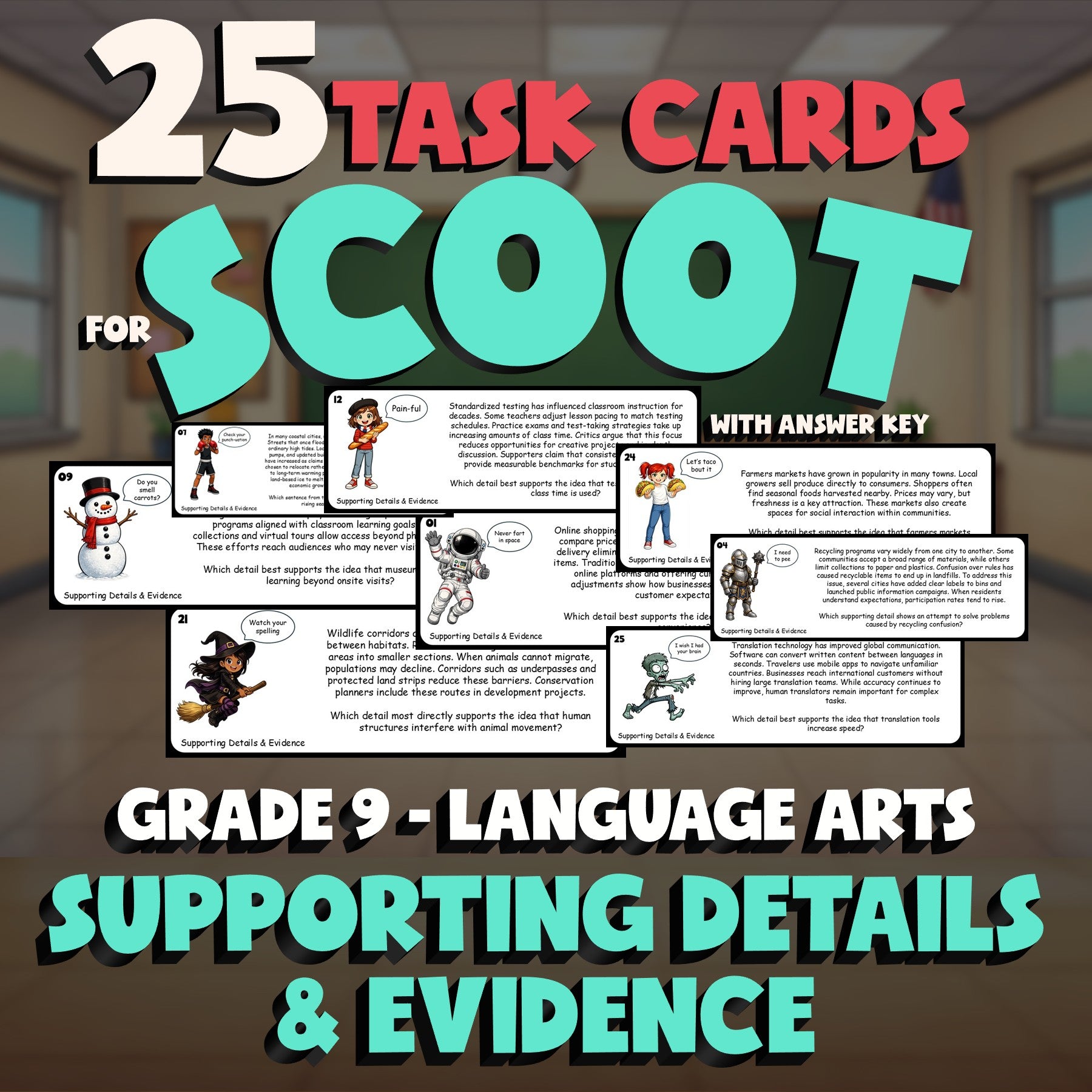 Supporting Details & Evidence SCOOT TASK CARDS ELA Game - No Prep Grade 9 Review