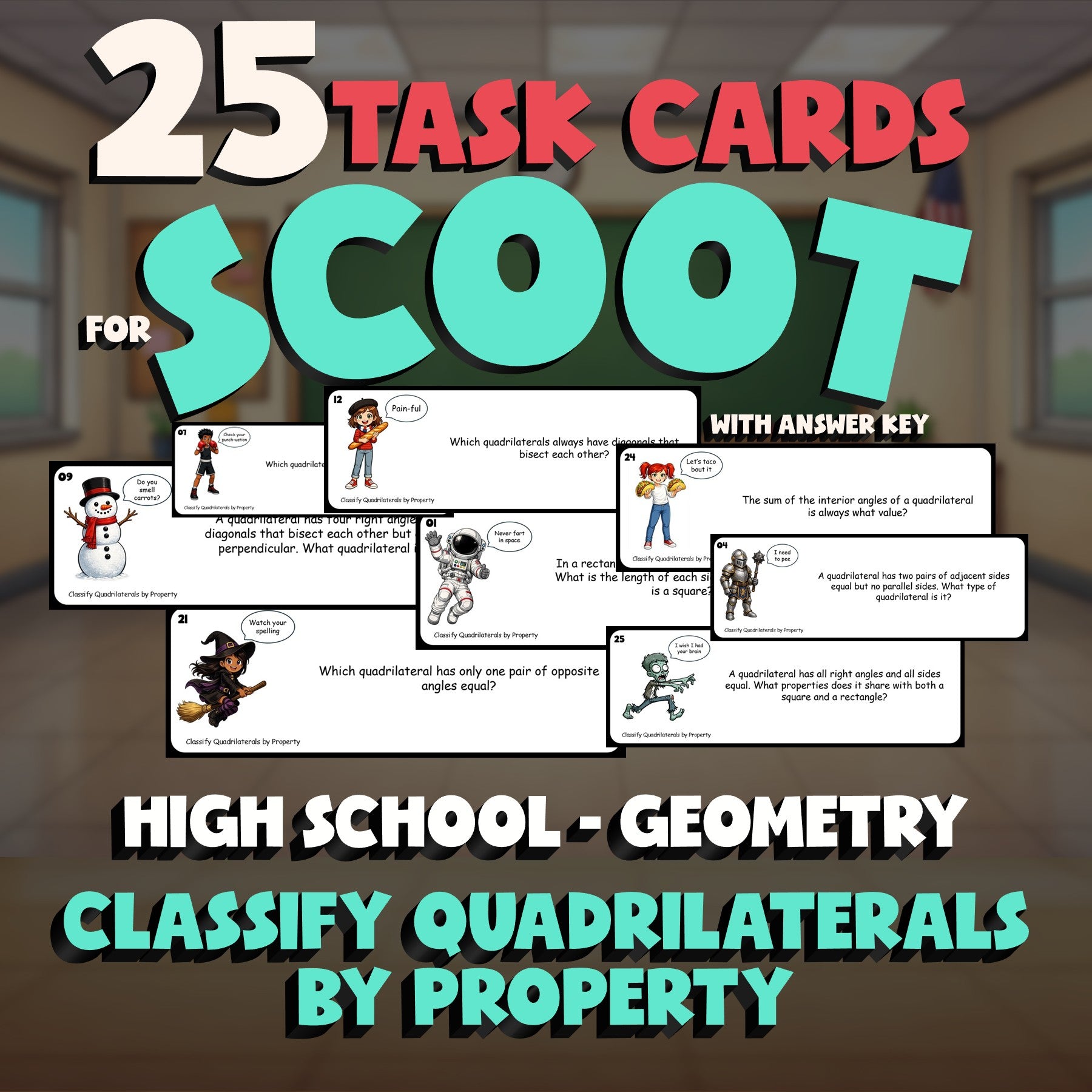 Classify Quadrilaterals by Property SCOOT TASK CARDS Math Game - Geometry