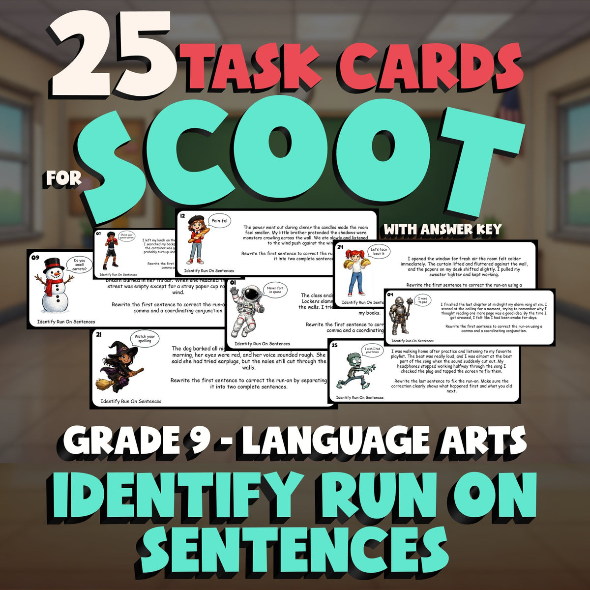 Identify Run On Sentences SCOOT TASK CARDS ELA Game - No Prep Grade 9 Review