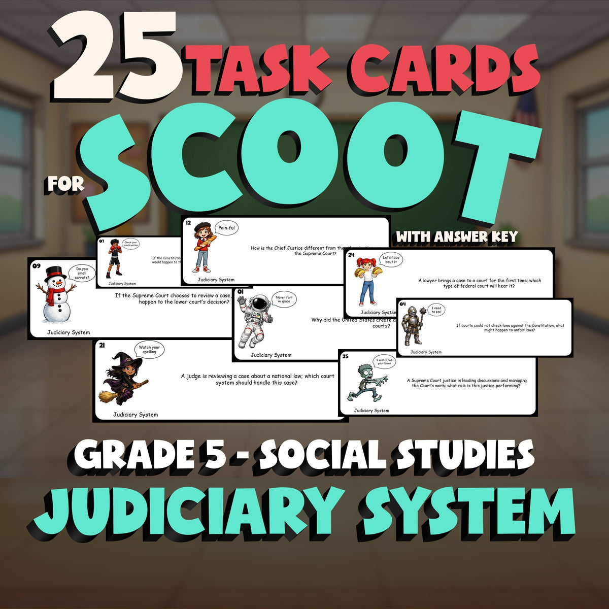 Judiciary System SCOOT TASK CARDS Socials Game - No Prep Grade 5 Review Activity