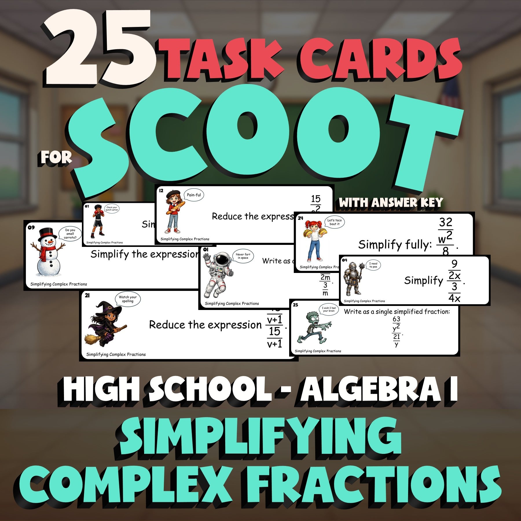 Simplifying Complex Fractions SCOOT TASK CARDS Math Game - No Prep Algebra 1