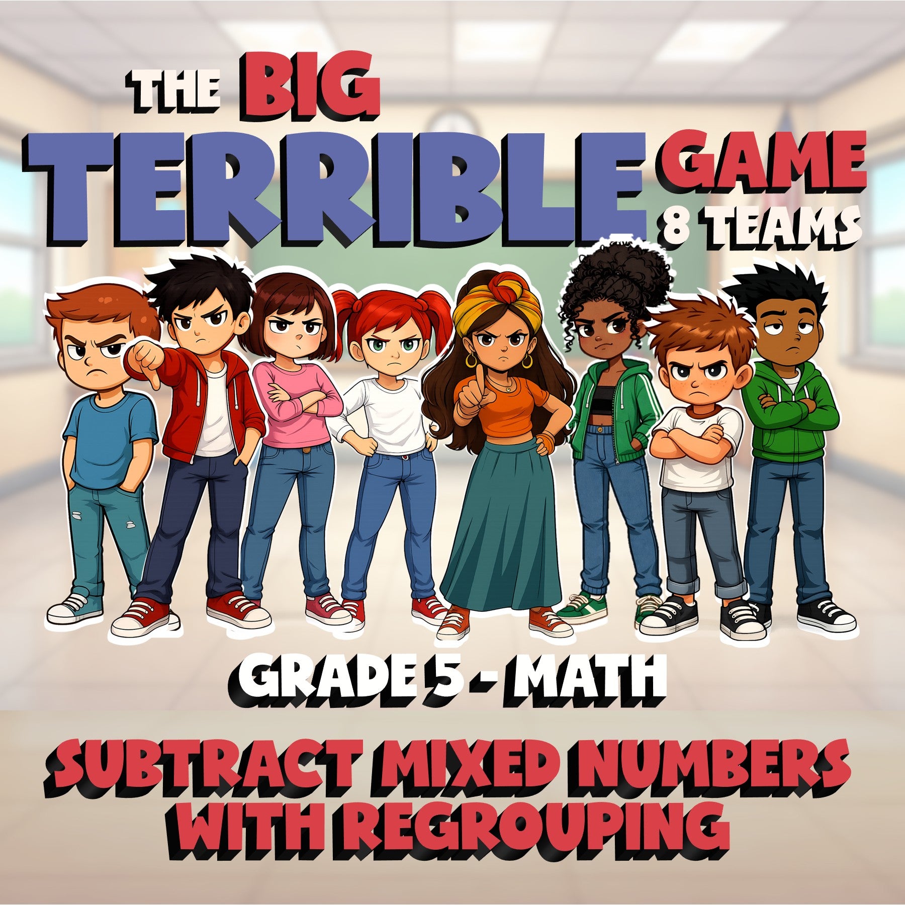 Subtract Mixed Numbers with Regrouping BIG TERRIBLE GAME - Grade 5 Math Review