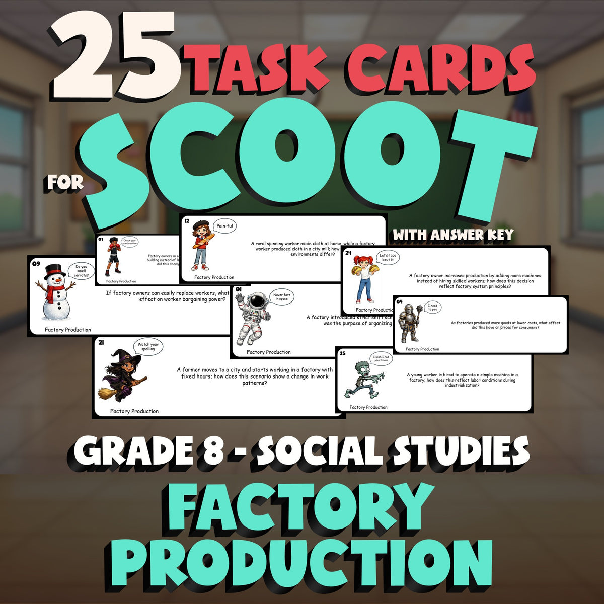 Factory Production SCOOT TASK CARDS Socials Game - No Prep Grade 8 Review