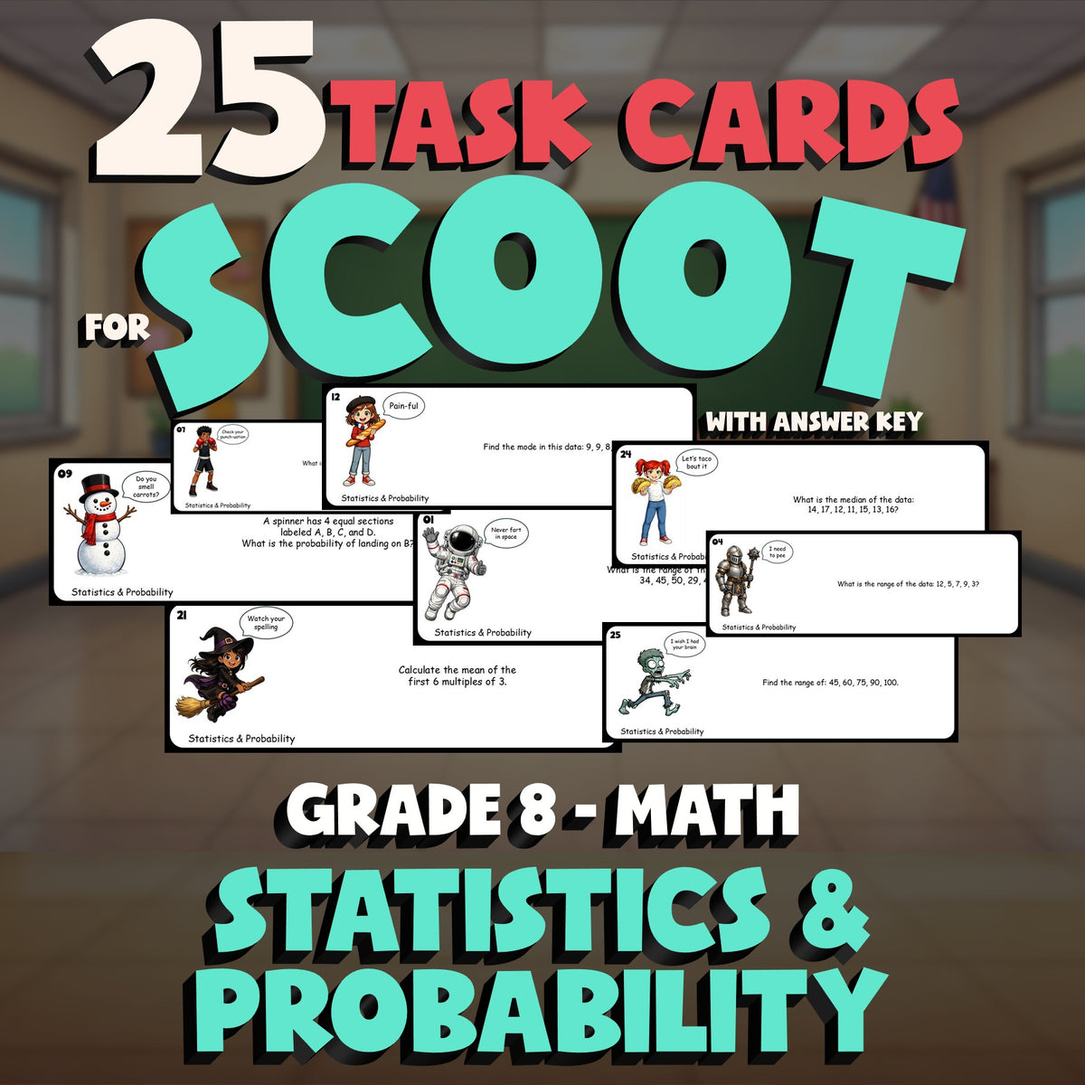 Statistics & Probability SCOOT TASK CARDS Math Game - No Prep Grade 8 Review