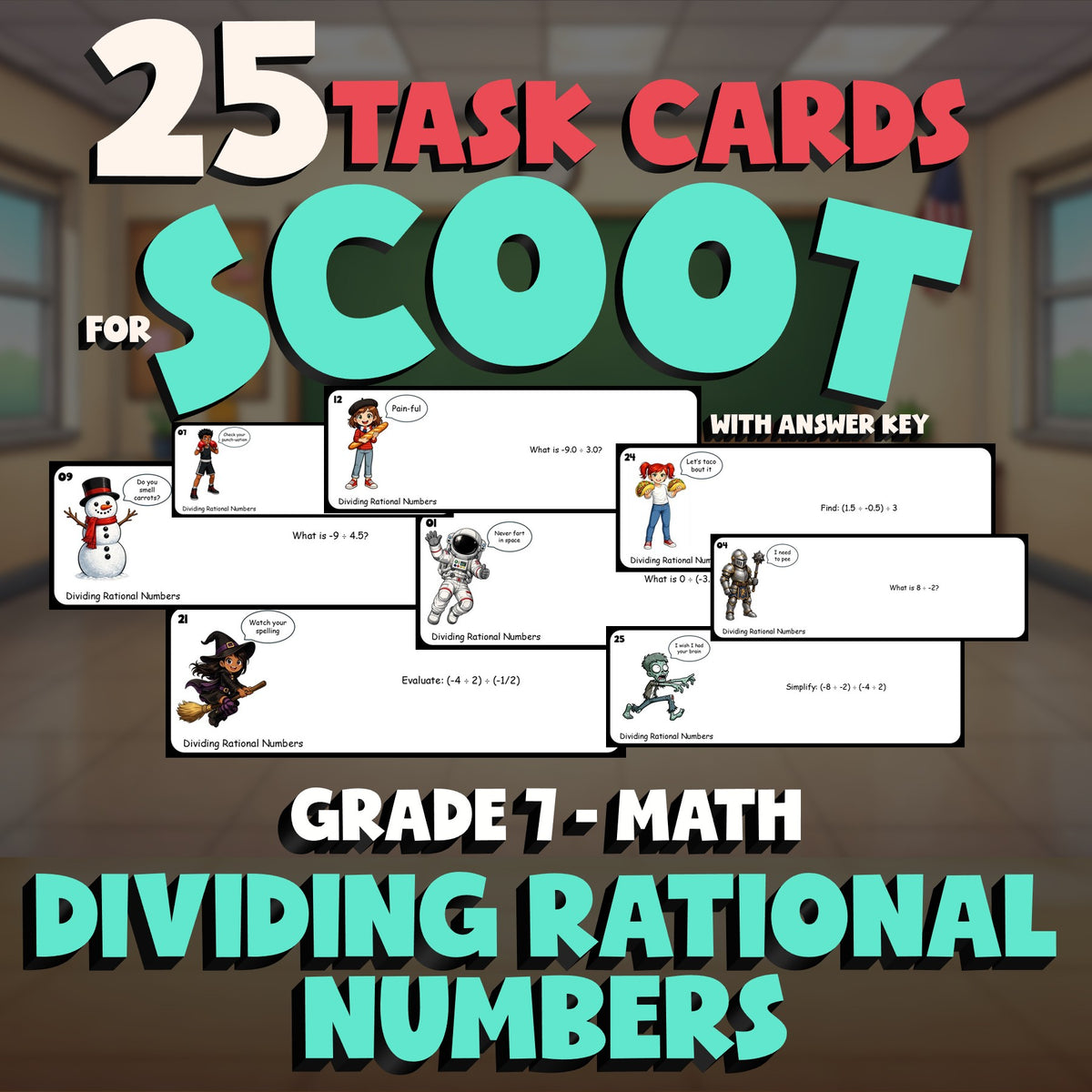 Dividing Rational Numbers SCOOT TASK CARDS Math Game - No Prep Grade 7 Review