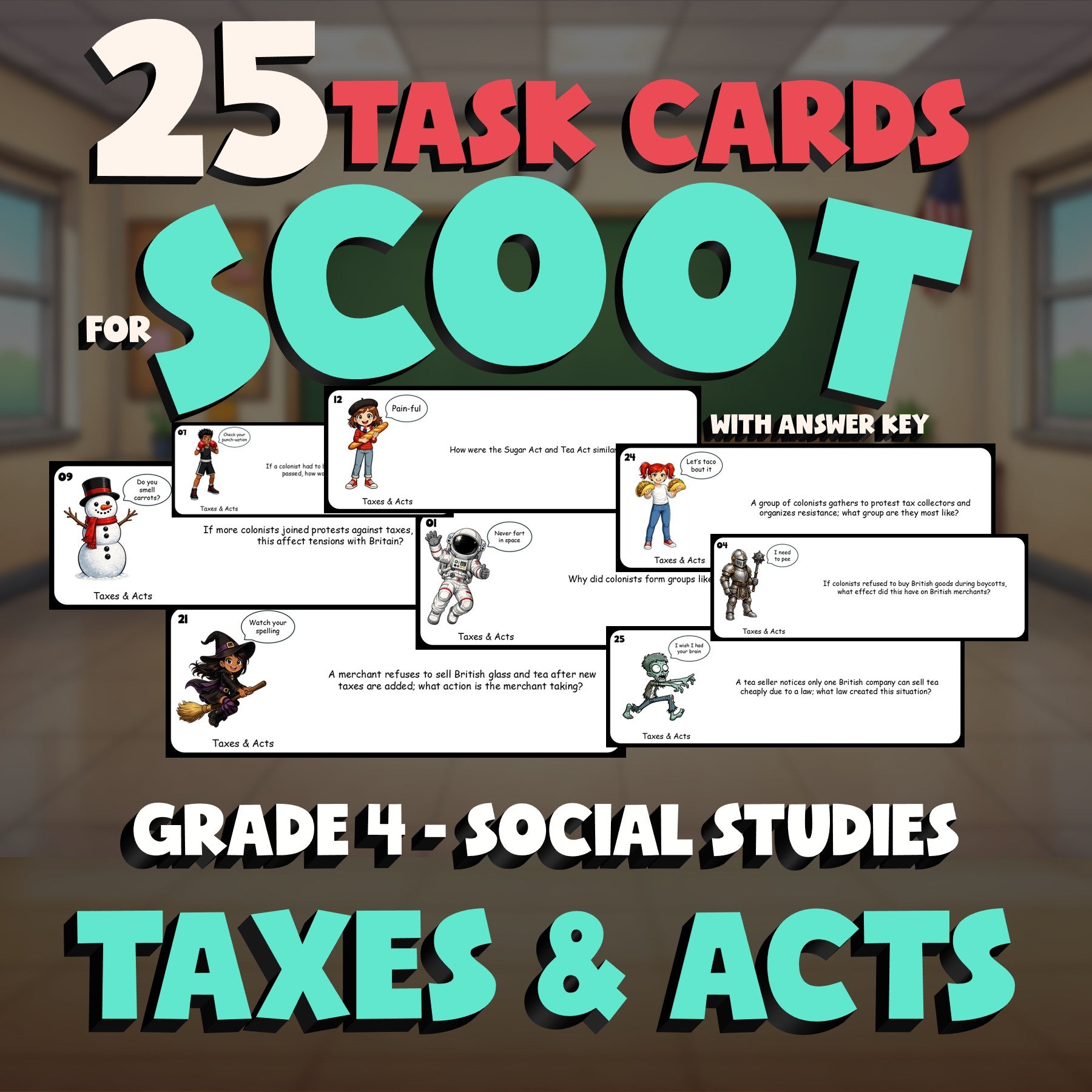 Taxes & Acts SCOOT TASK CARDS Socials Game - No Prep Grade 4 Review Activity