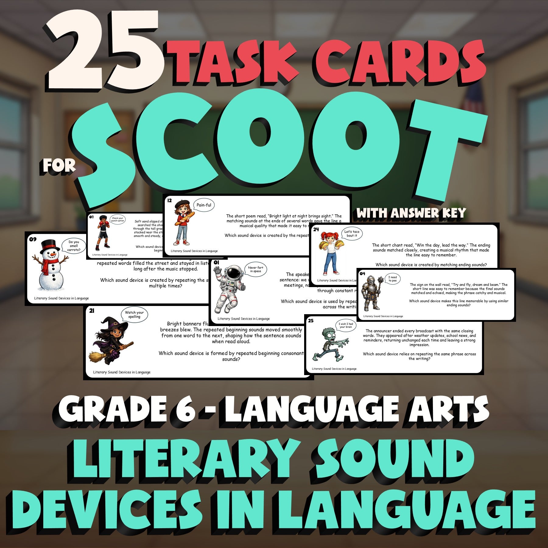Literary Sound Devices in Language SCOOT TASK CARDS ELA Game - No Prep Grade 6