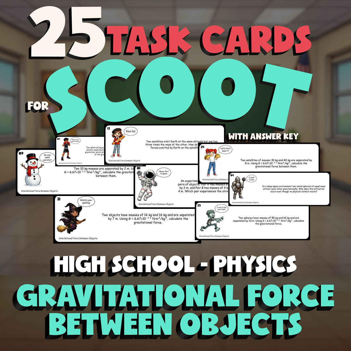 Gravitational Force Between Objects SCOOT TASK CARDS Science Game - Physics