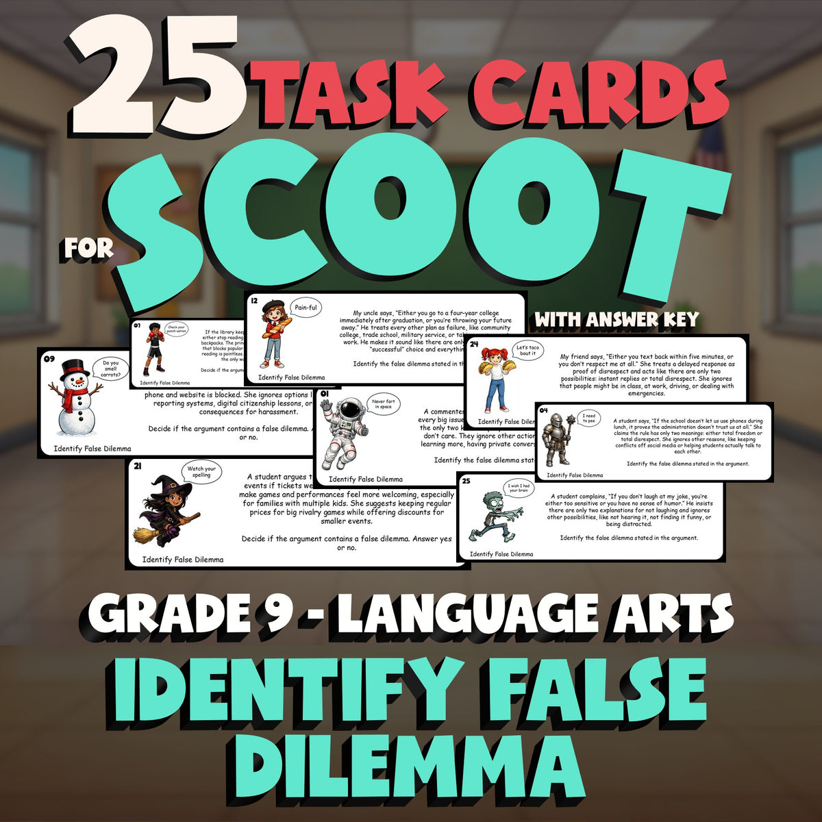 Identify False Dilemma SCOOT TASK CARDS ELA Game - No Prep Grade 9 Review