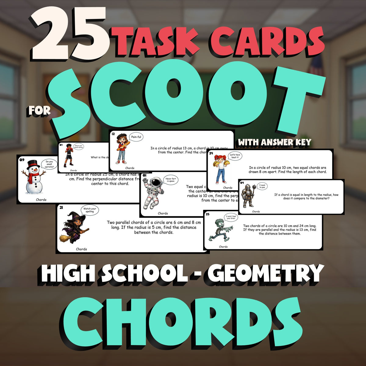 Chords SCOOT TASK CARDS Math Game - No Prep Geometry Review Activity
