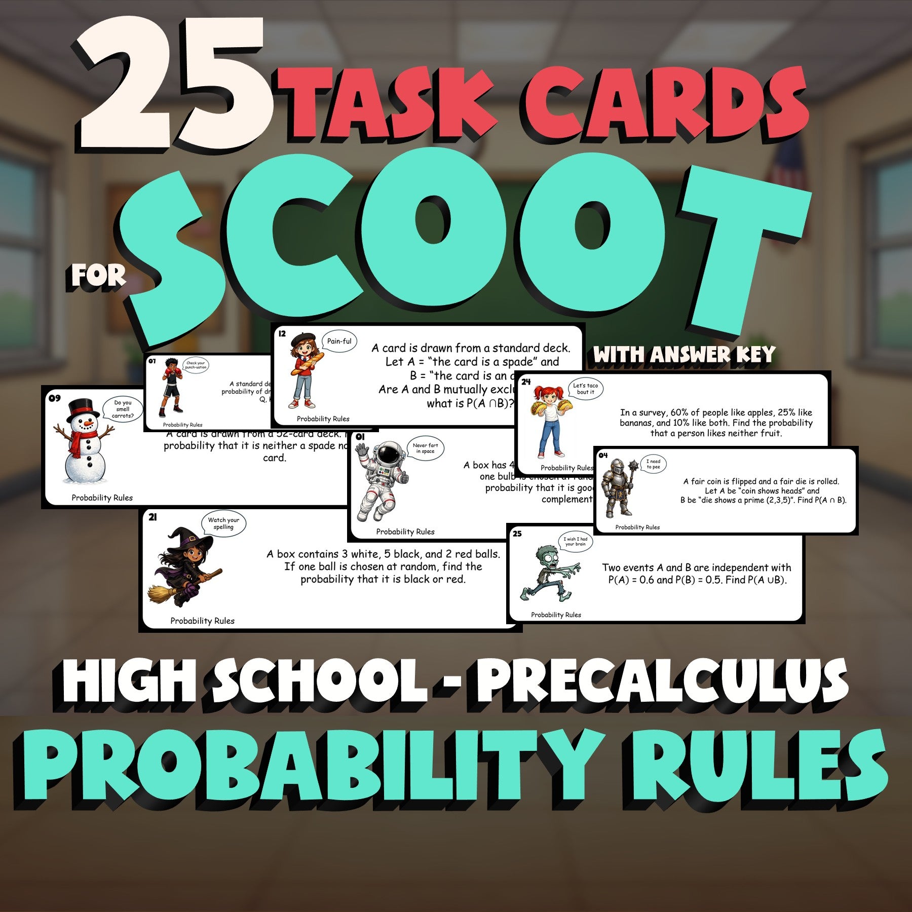 Probability Rules SCOOT TASK CARDS Math Game - No Prep PreCalculus Review
