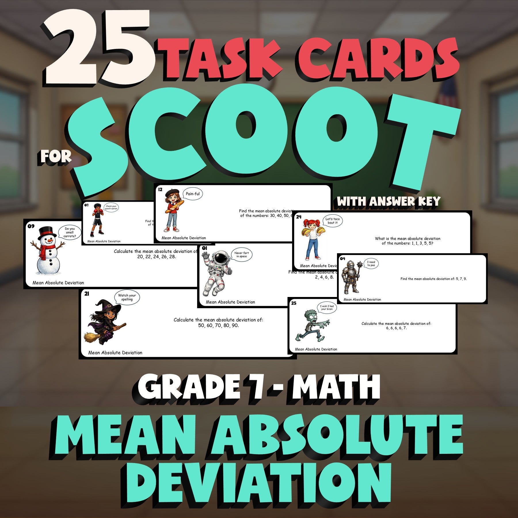 Mean Absolute Deviation SCOOT TASK CARDS Math Game - No Prep Grade 7 Review