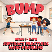 Subtract Fractions Word Problems BUMP Math Game - No Prep Grade 4 Review