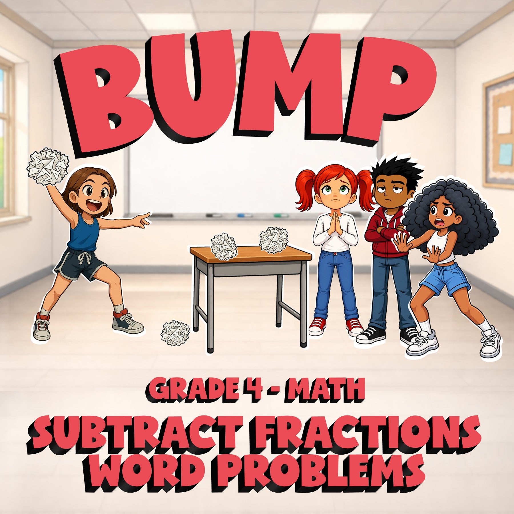 Subtract Fractions Word Problems BUMP Math Game - No Prep Grade 4 Review