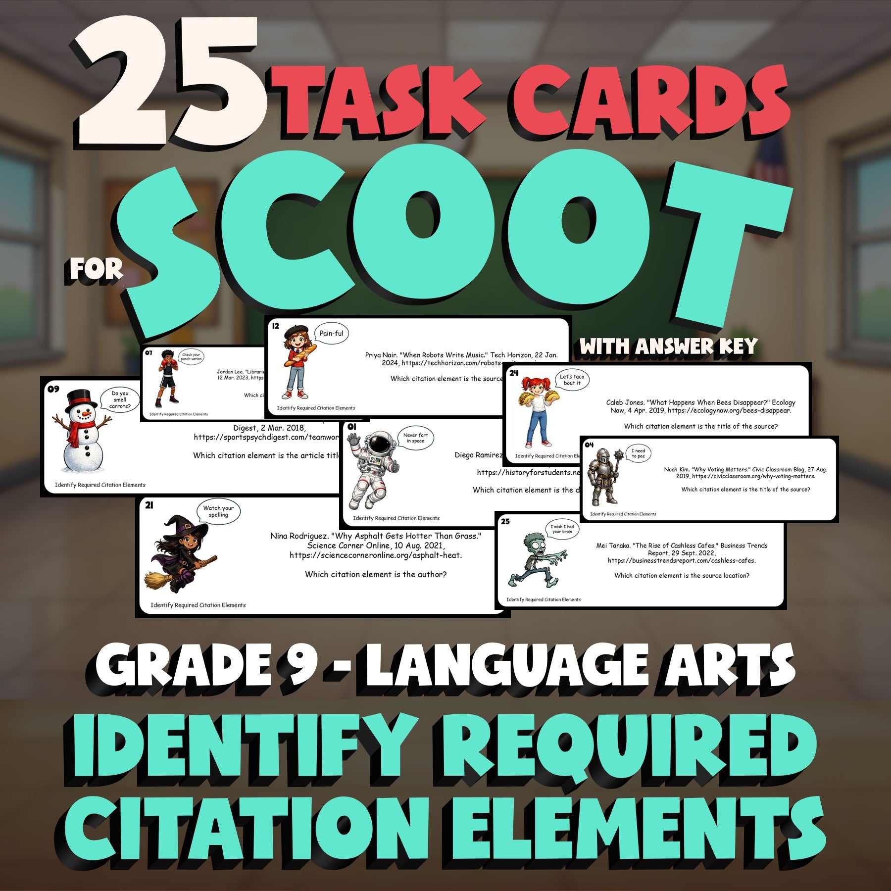 Identify Required Citation Elements SCOOT TASK CARDS ELA Game - No Prep Grade 9
