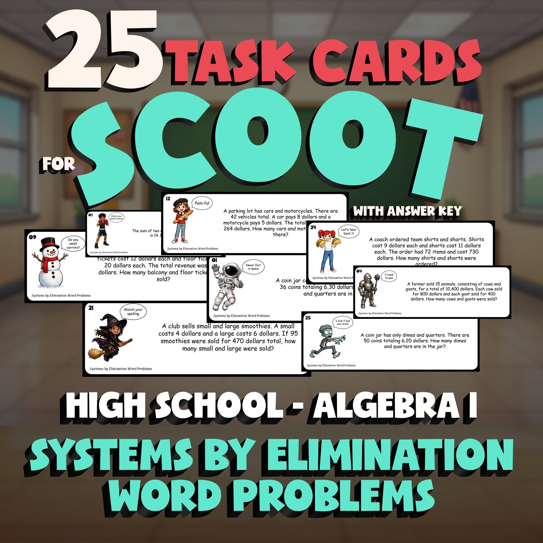 Systems by Elimination Word Problems SCOOT TASK CARDS Math Game - Algebra 1