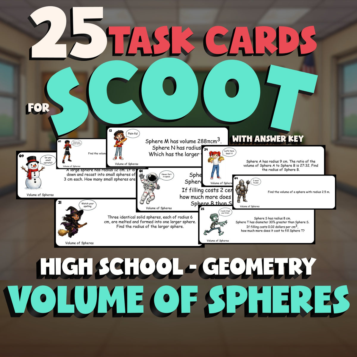 Volume of Spheres SCOOT TASK CARDS Math Game - No Prep Geometry Review Activity