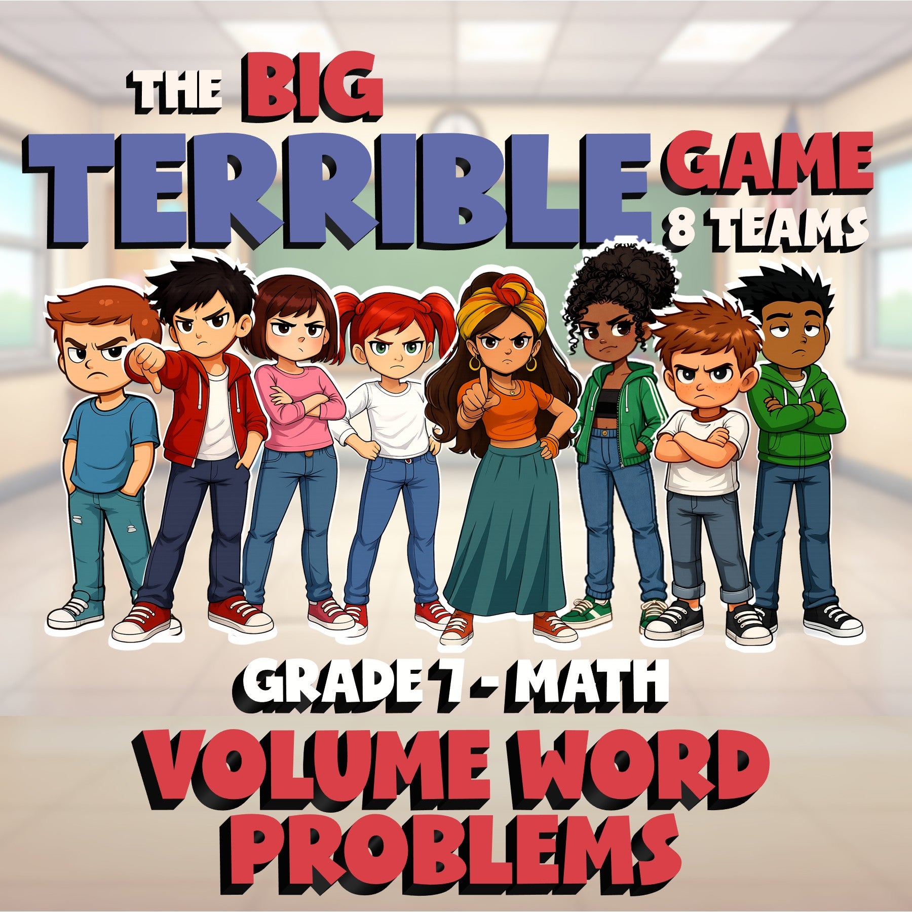 Volume Word Problems BIG TERRIBLE GAME - No Prep Grade 7 Math Review Activity