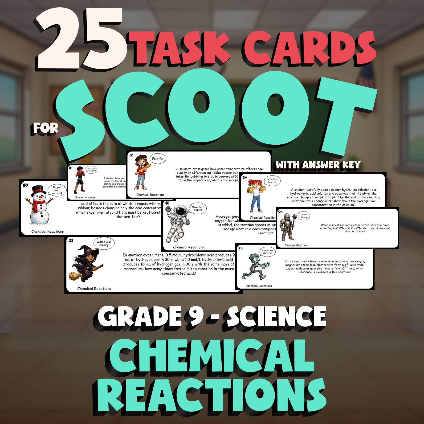 Chemical Reactions SCOOT TASK CARDS Science Game - No Prep Grade 9 Review