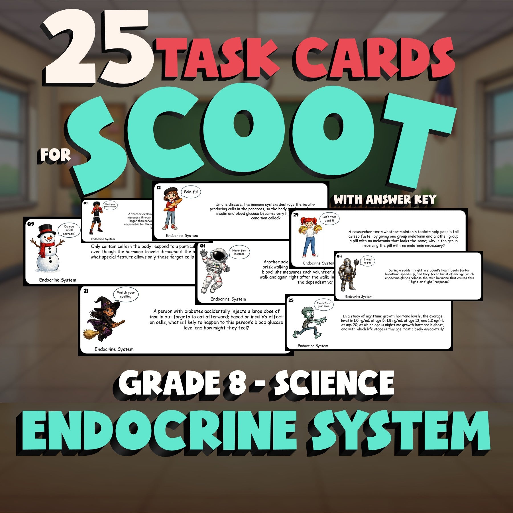 Endocrine System SCOOT TASK CARDS Science Game - No Prep Grade 8 Review Activity
