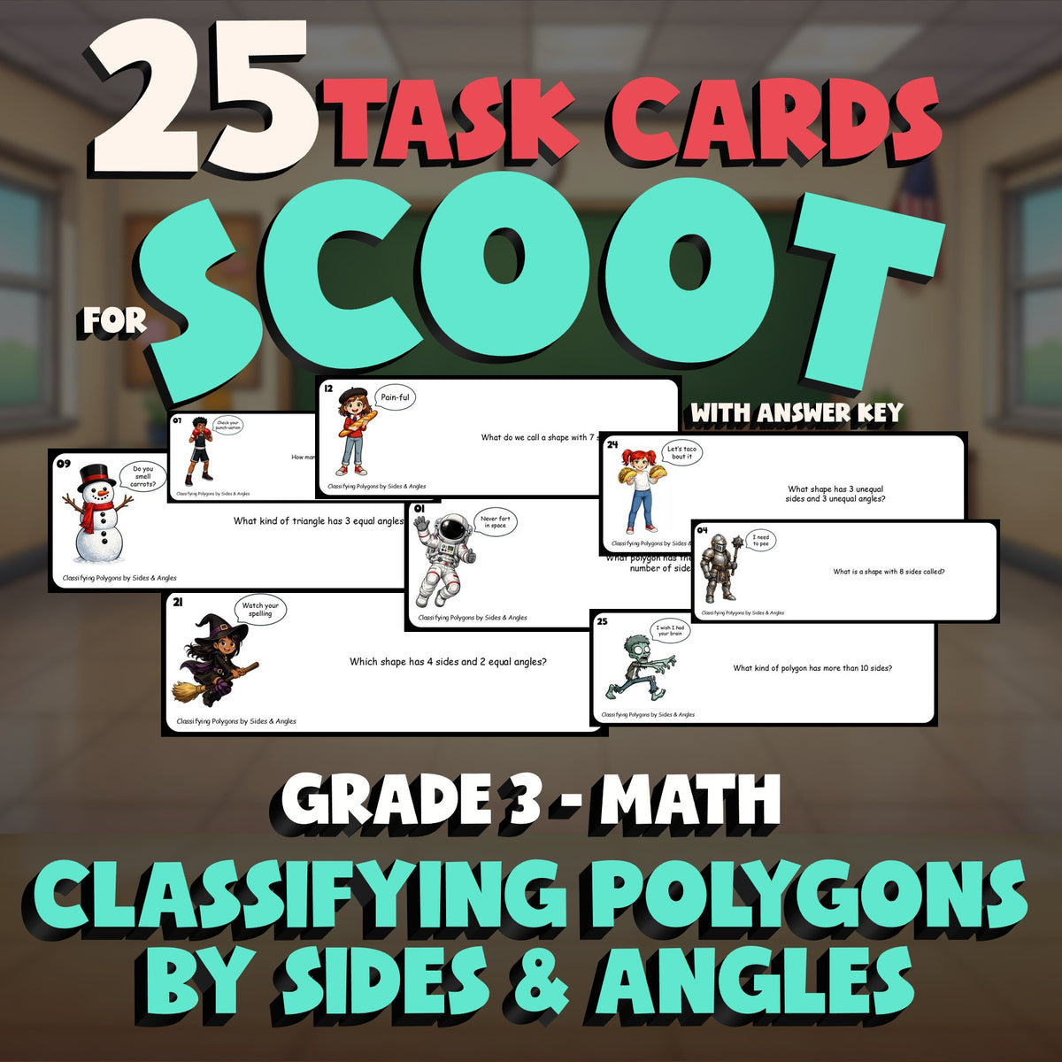 Classifying Polygons by Sides & Angles SCOOT TASK CARDS Math Game - Grade 3