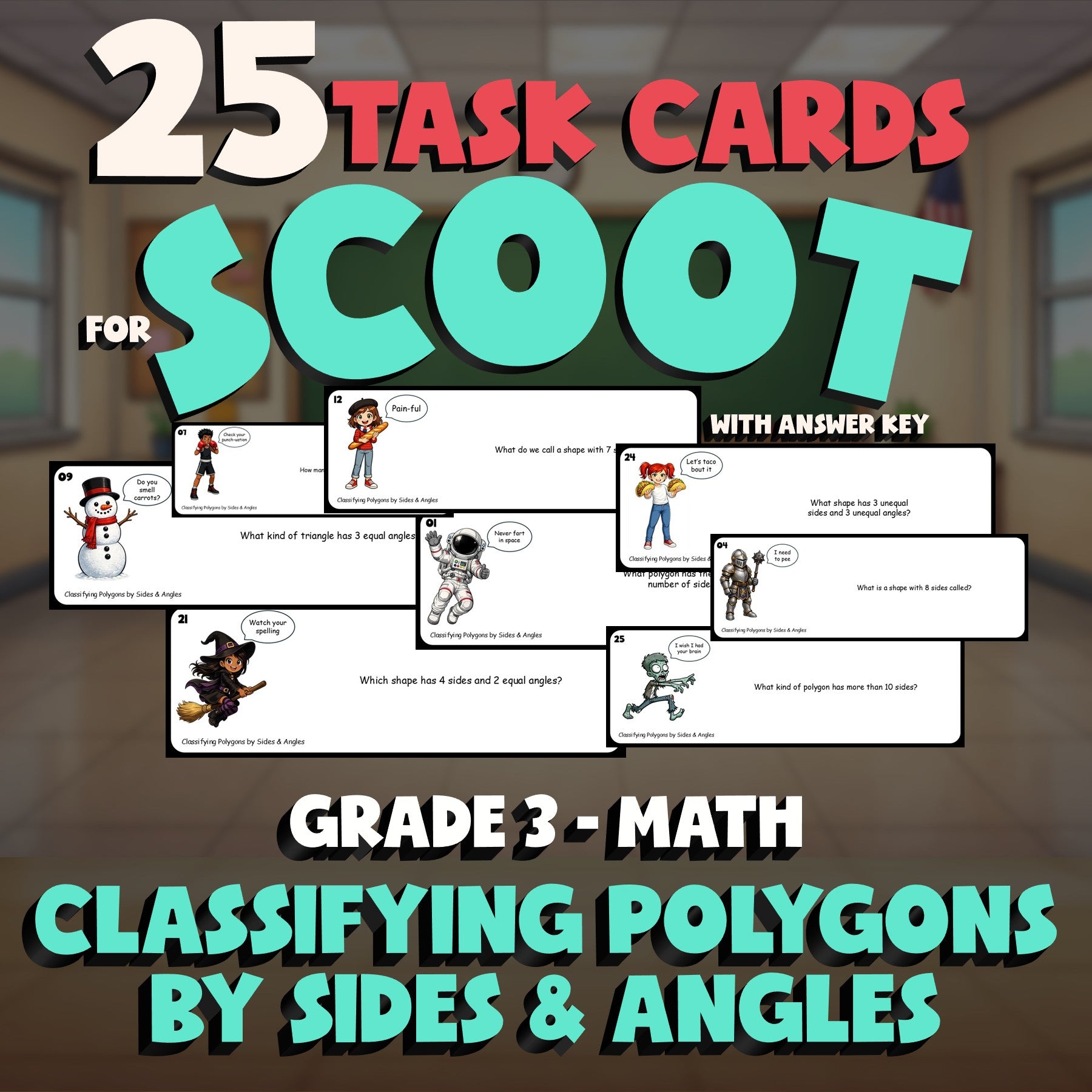 Classifying Polygons by Sides & Angles SCOOT TASK CARDS Math Game - Grade 3