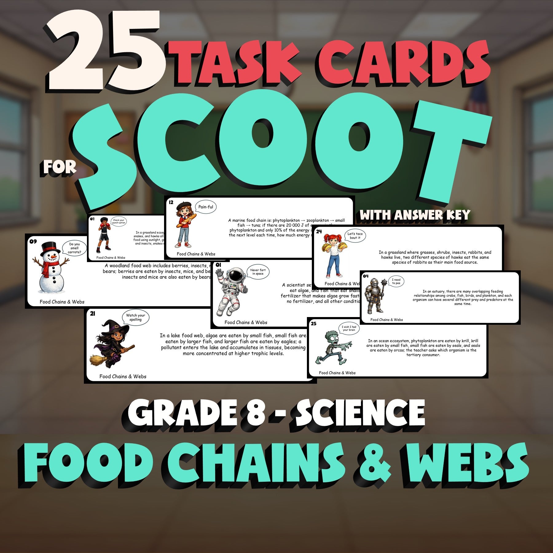 Food Chains & Webs SCOOT TASK CARDS Science Game - No Prep Grade 8 Review