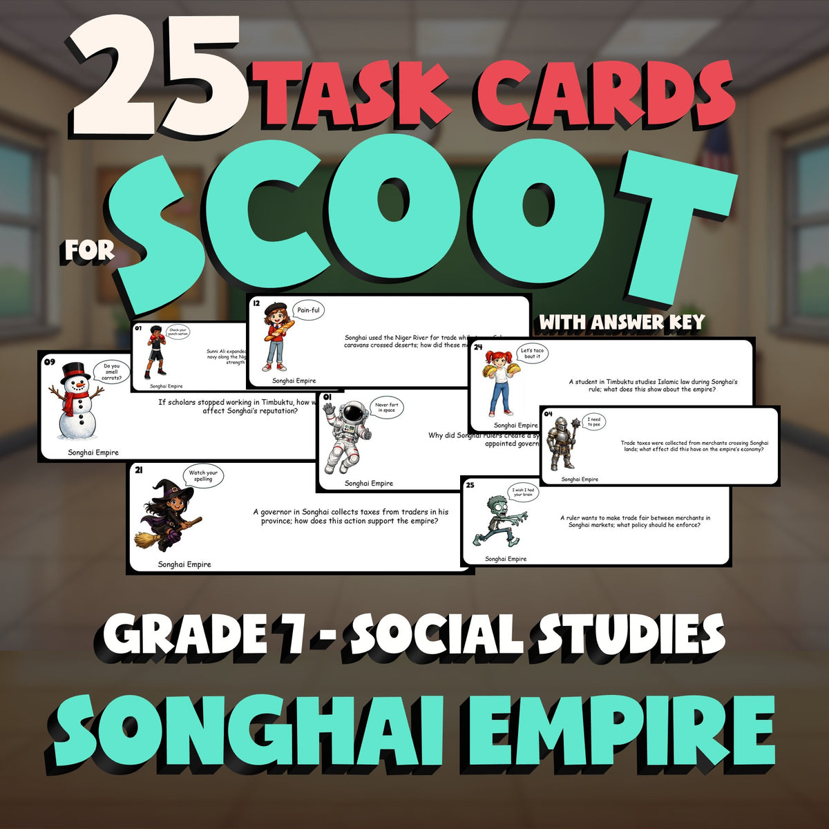 Songhai Empire SCOOT TASK CARDS Socials Game - No Prep Grade 7 Review Activity