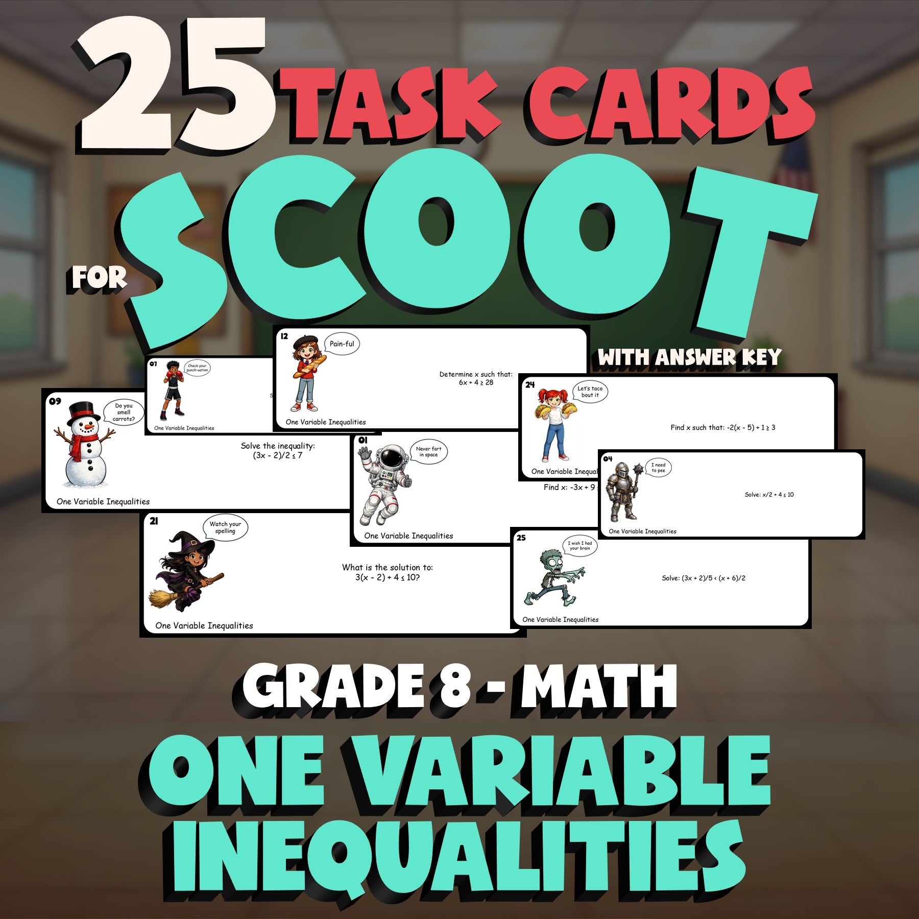 One Variable Inequalities SCOOT TASK CARDS Math Game - No Prep Grade 8 Review