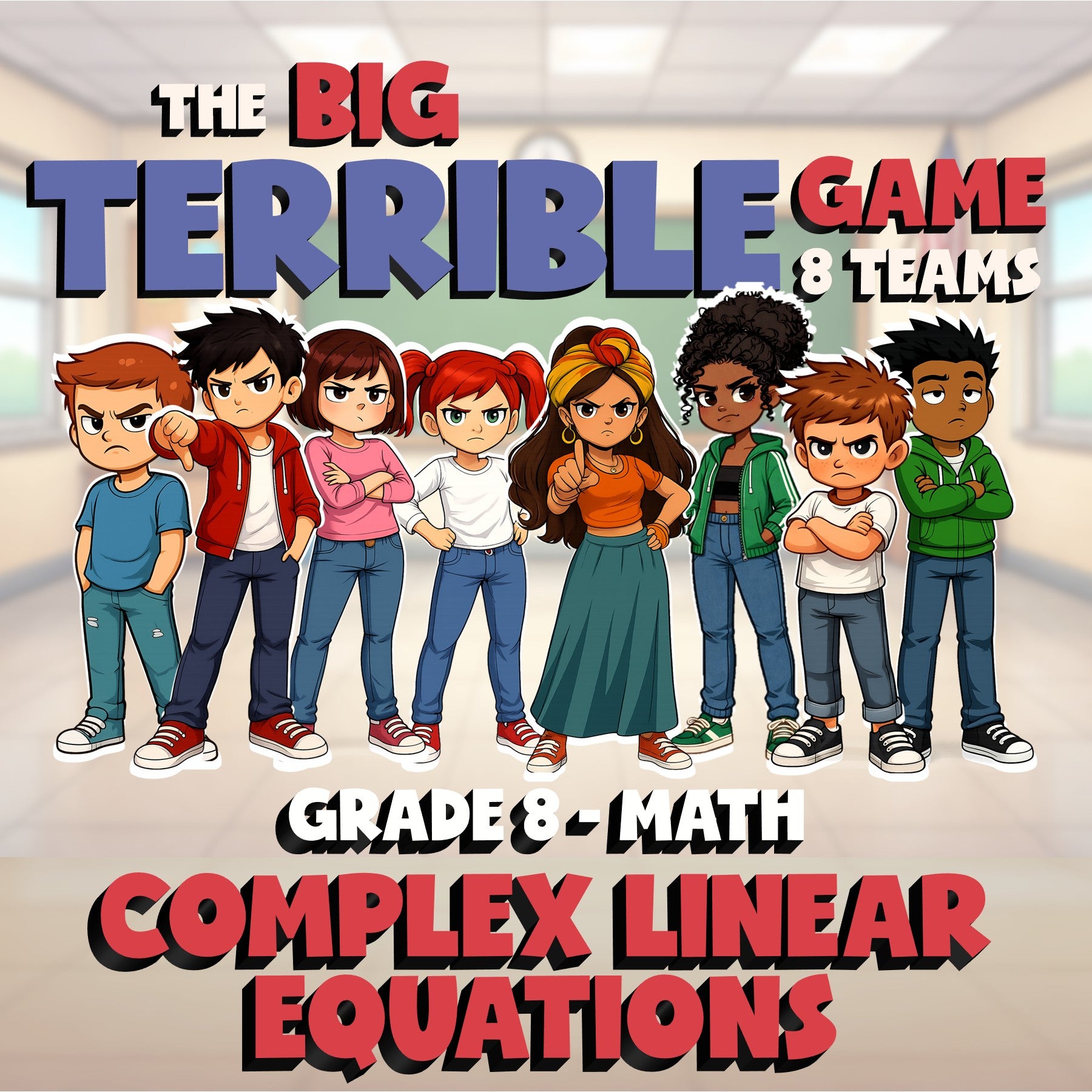 Complex Linear Equations BIG TERRIBLE GAME - No Prep Grade 8 Math Review