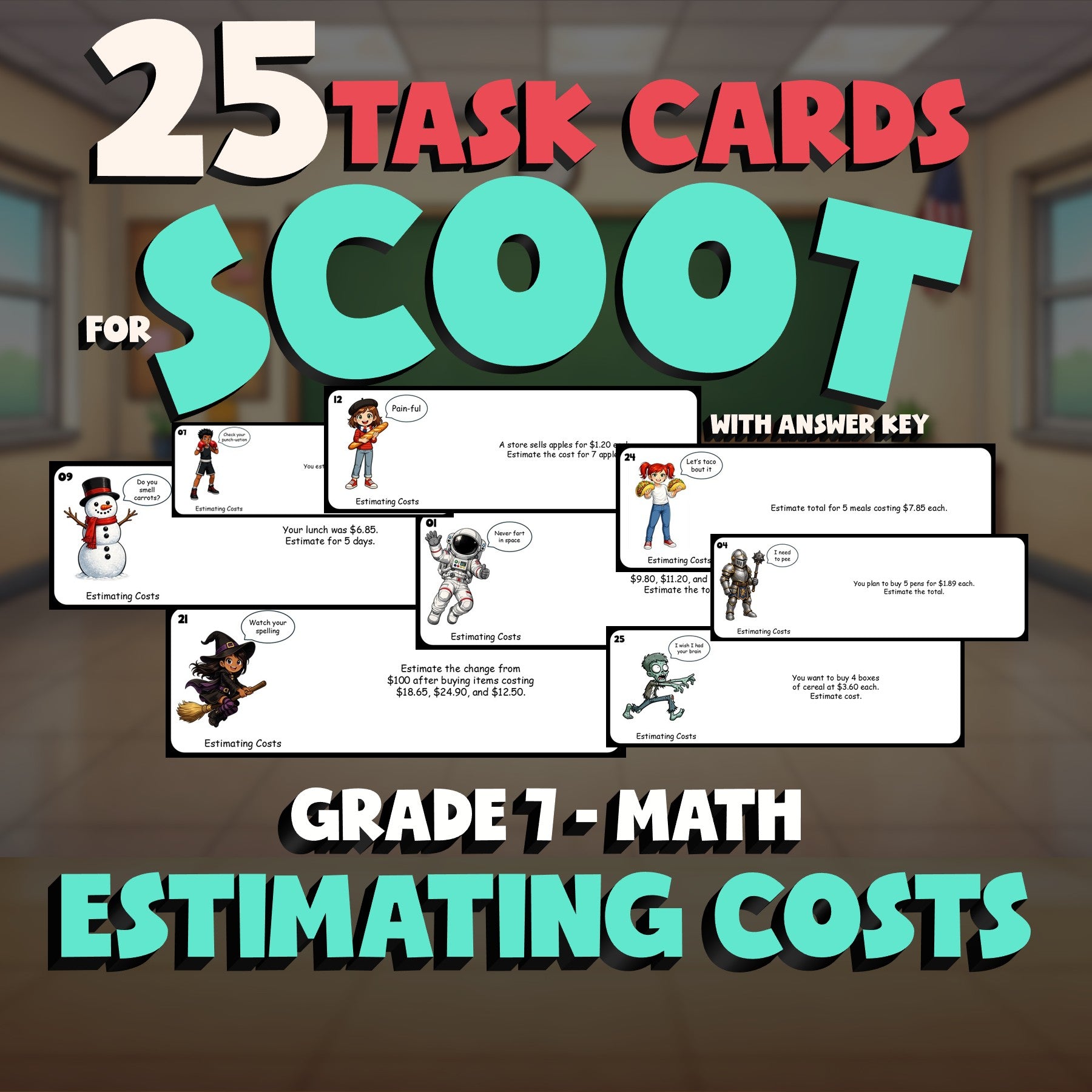 Estimating Costs SCOOT TASK CARDS Math Game - No Prep Grade 7 Review Activity