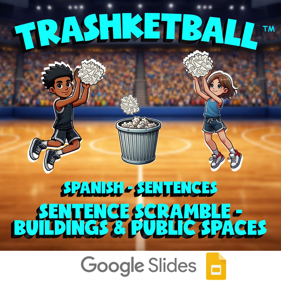 Sentence Scramble - Buildings & Public Spaces TRASHKETBALL Game - Spanish