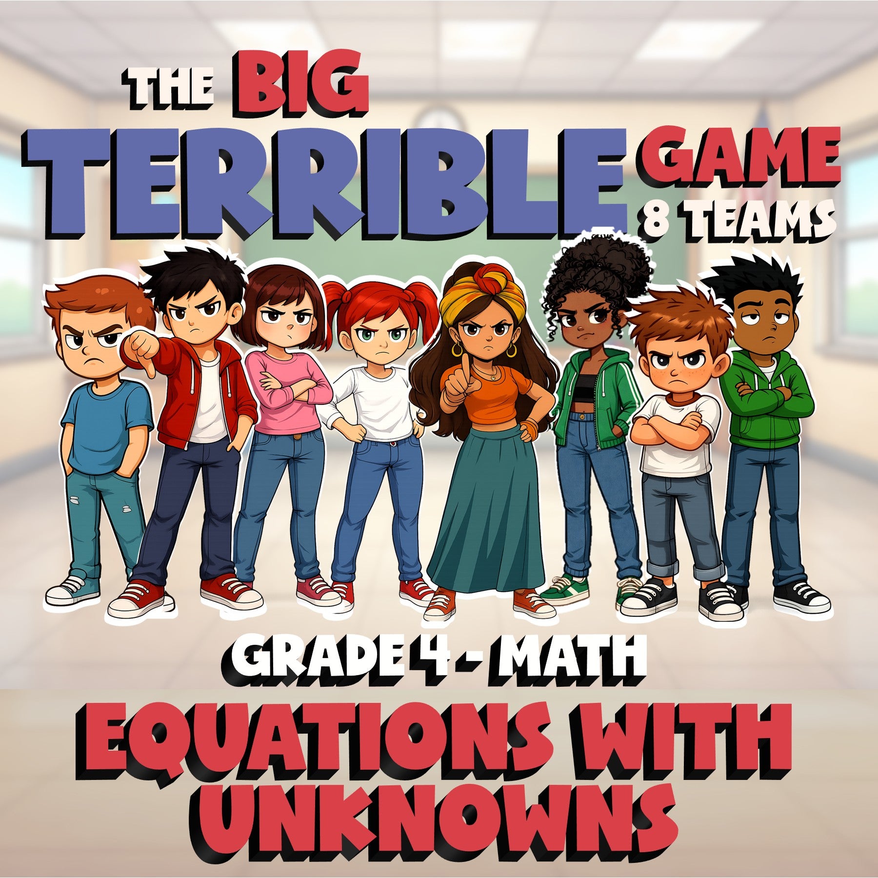 Equations with Unknowns BIG TERRIBLE GAME - No Prep Grade 4 Math Review Activity